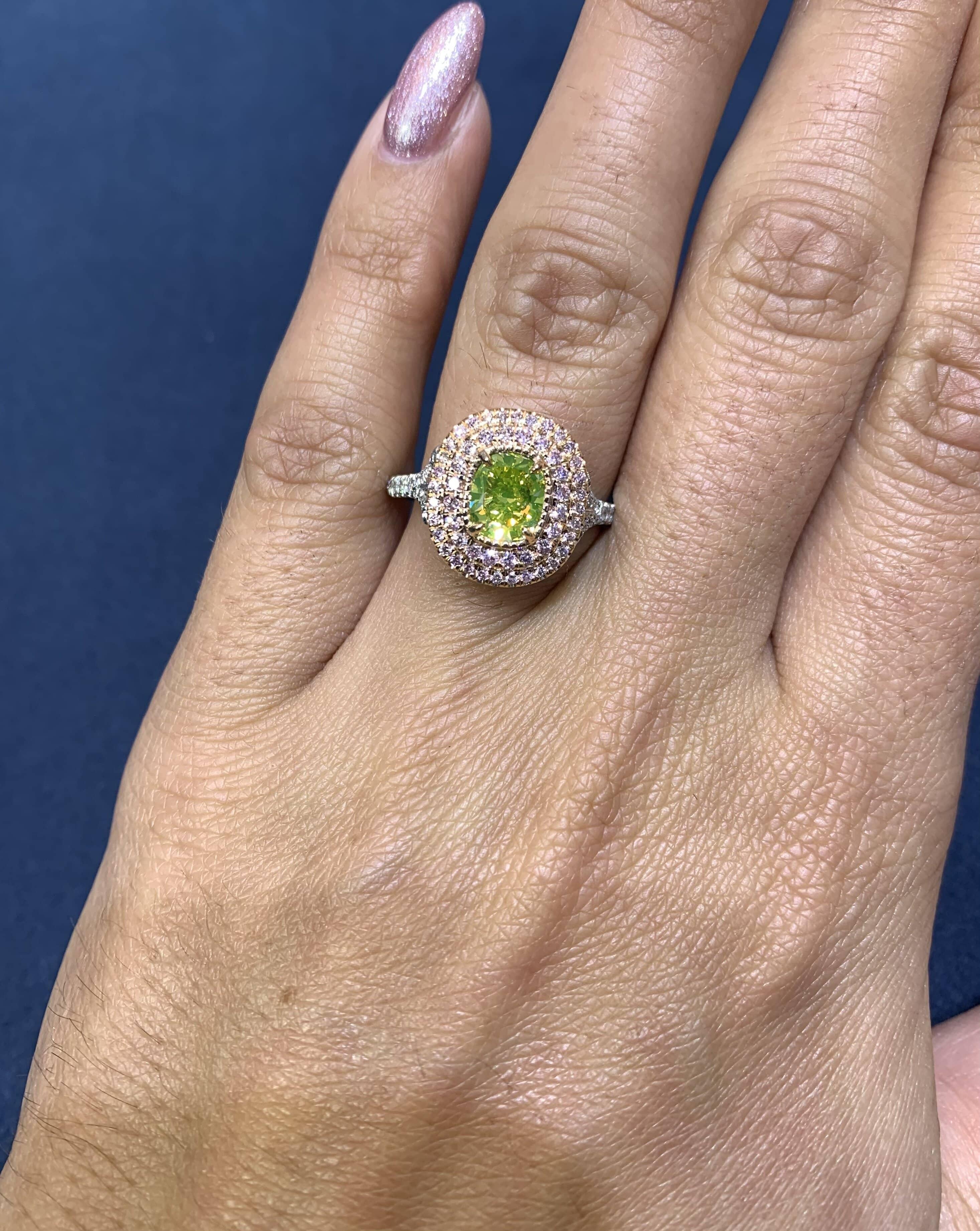 David Rosenberg 1.18ct Green Yellow Cushion Pink Halo Diamond Engagement Ring  For Sale 1
