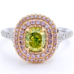David Rosenberg 1.18ct Green Yellow Cushion Pink Halo Diamond Engagement Ring