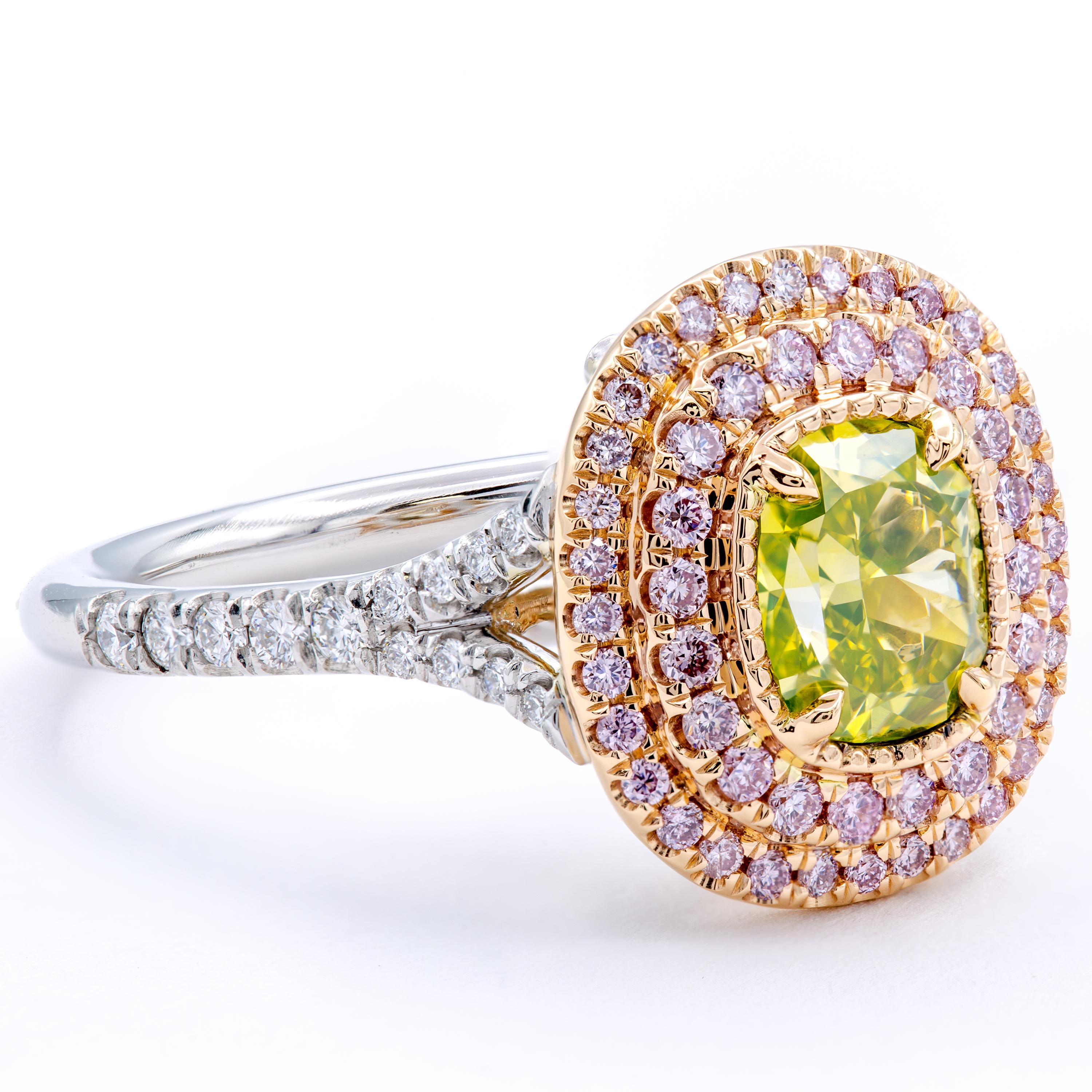 Cushion Cut David Rosenberg 1.18ct Green Yellow Cushion Pink Halo Diamond Engagement Ring  For Sale