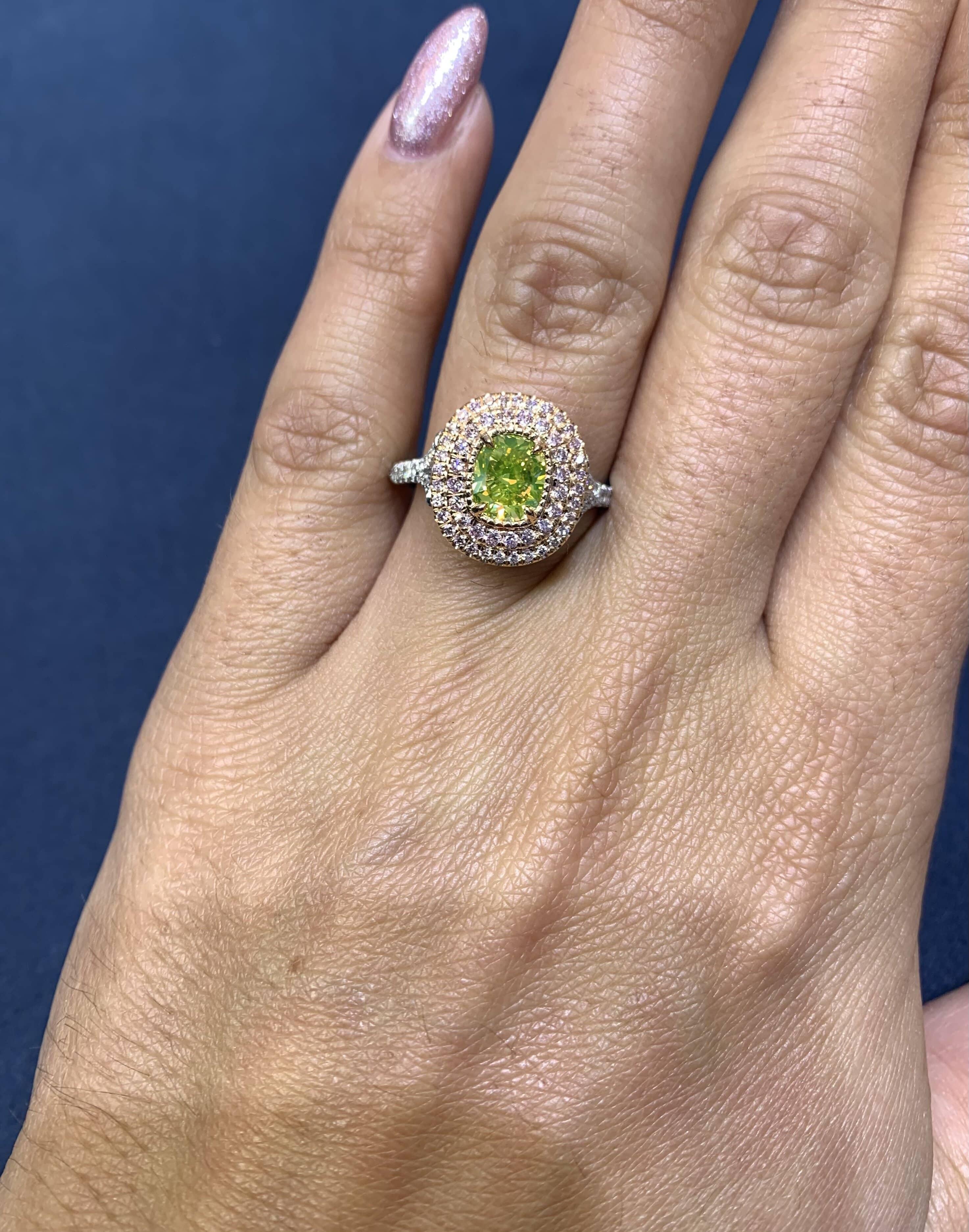 David Rosenberg 1.18ct Green Yellow Cushion Pink Halo Diamond Engagement Ring  In New Condition For Sale In Boca Raton, FL
