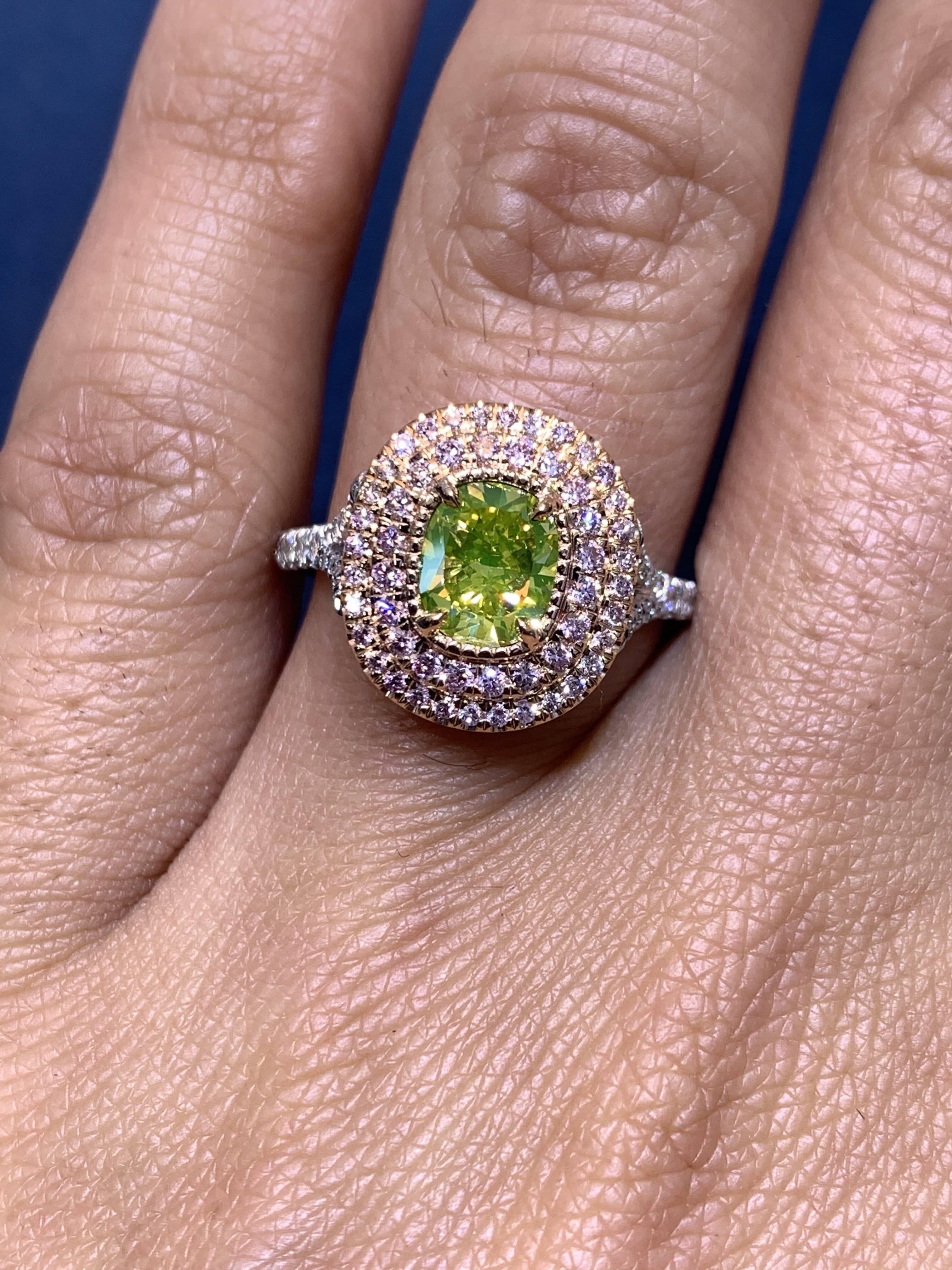 Women's David Rosenberg 1.18ct Green Yellow Cushion Pink Halo Diamond Engagement Ring  For Sale