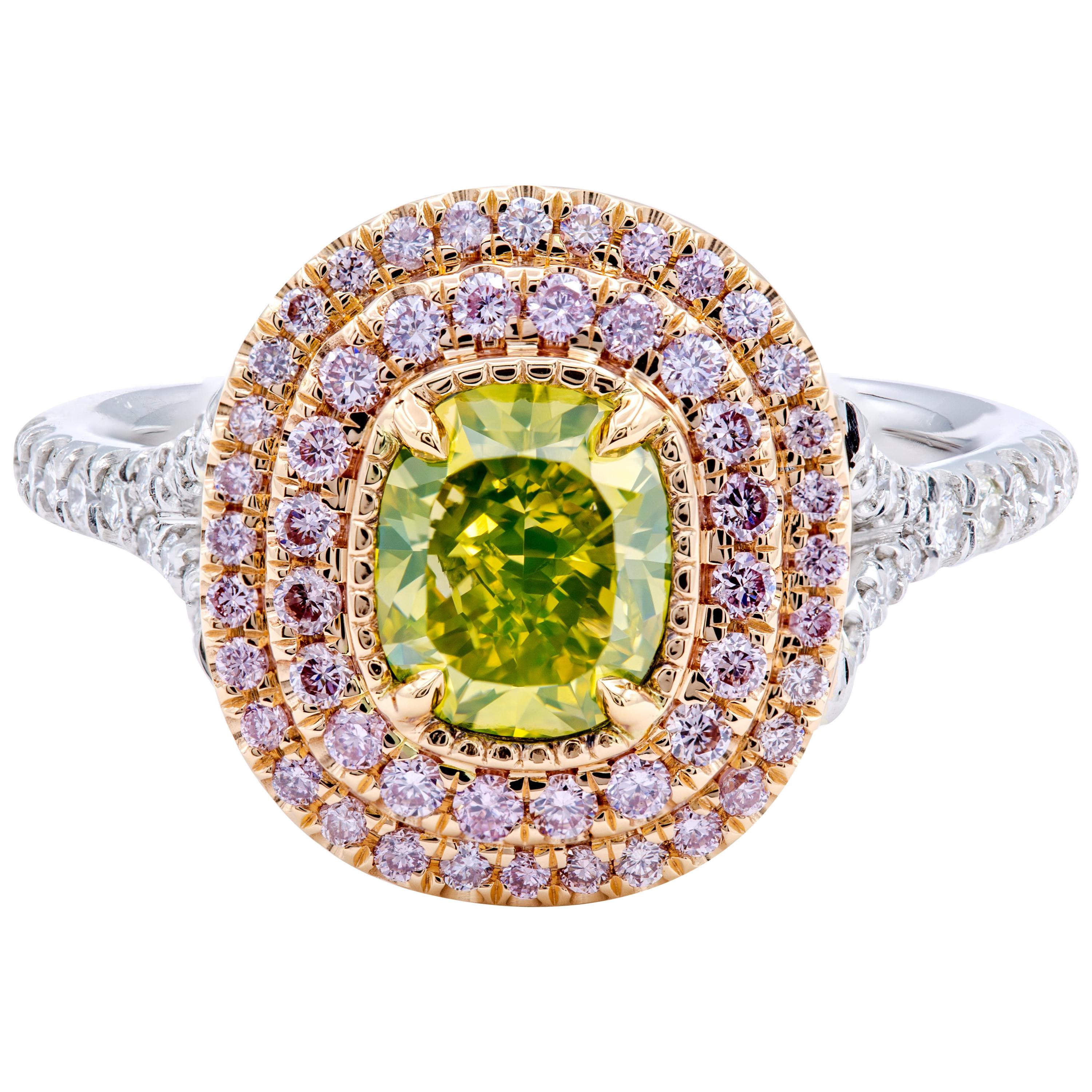 David Rosenberg 1.18ct Green Yellow Cushion Pink Halo Diamond Engagement Ring 
