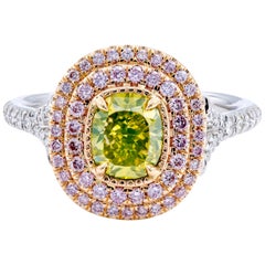 David Rosenberg, bague de fiançailles halo rose coussin jaune vert et jaune 1,18 carat 