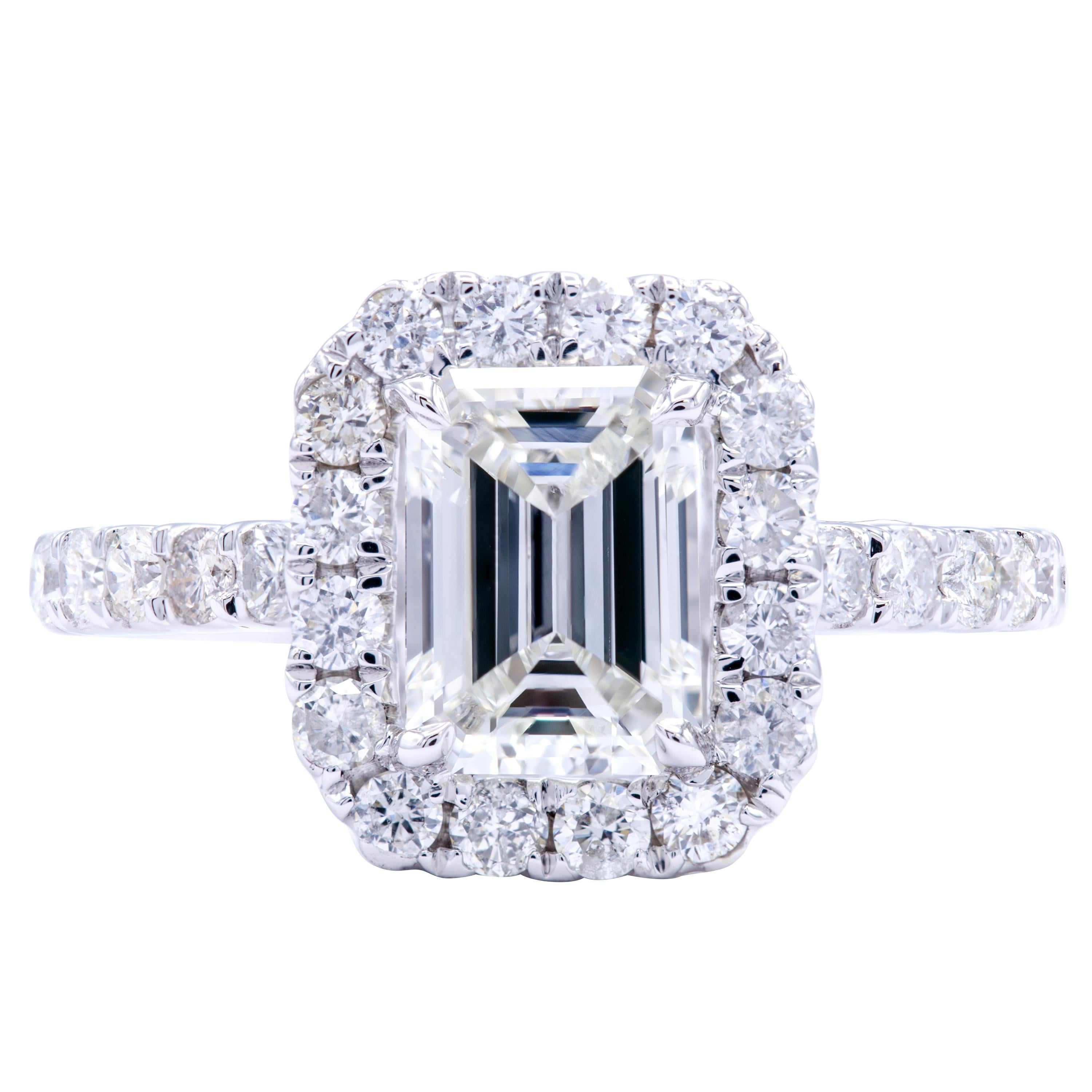 David Rosenberg 1.21 Carat Emerald Cut GIA H/SI2 Halo Diamond Engagement Ring