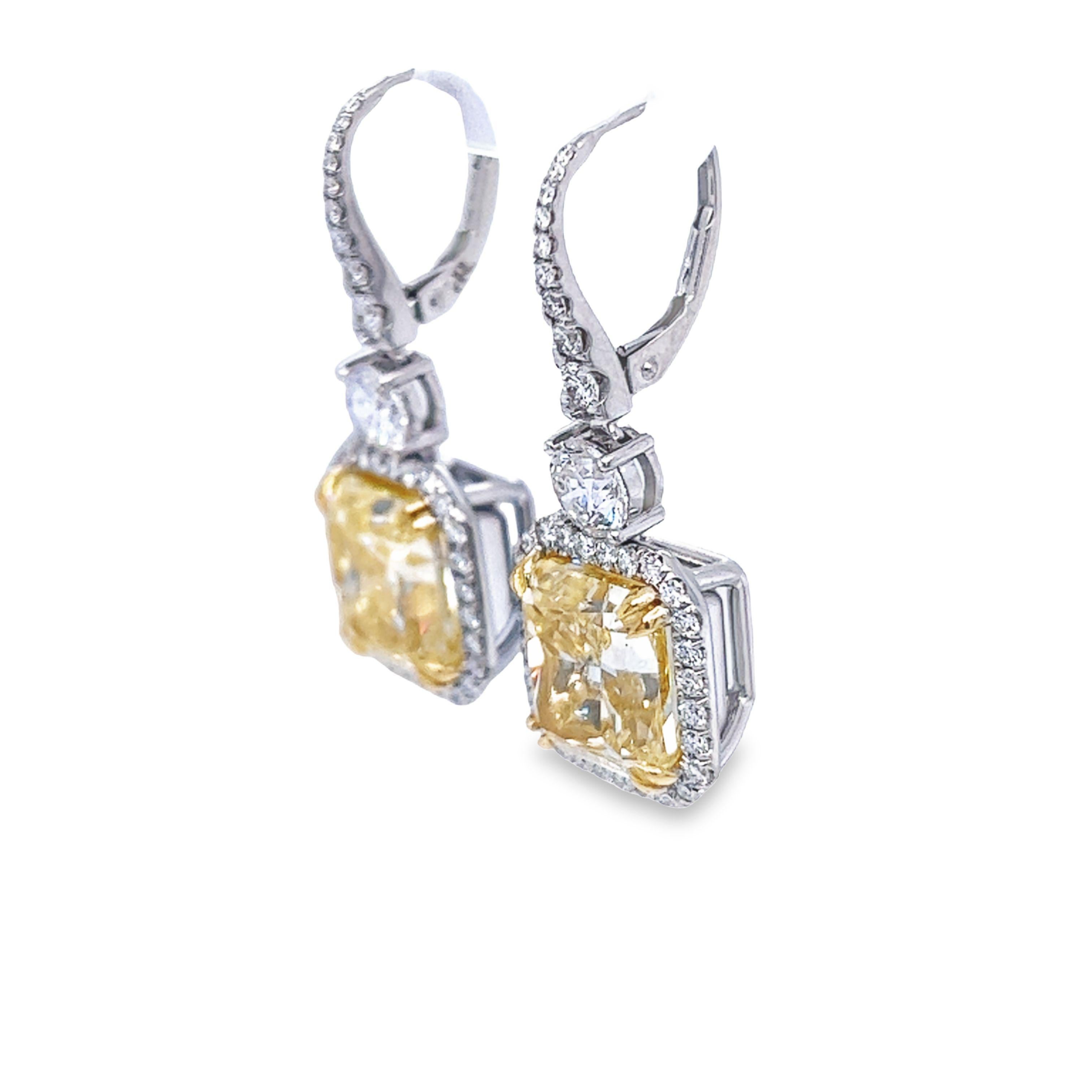 David Rosenberg 12.21 Carat Radiant Cut Fancy Yellow GIA Diamond Drop Earrings For Sale 5