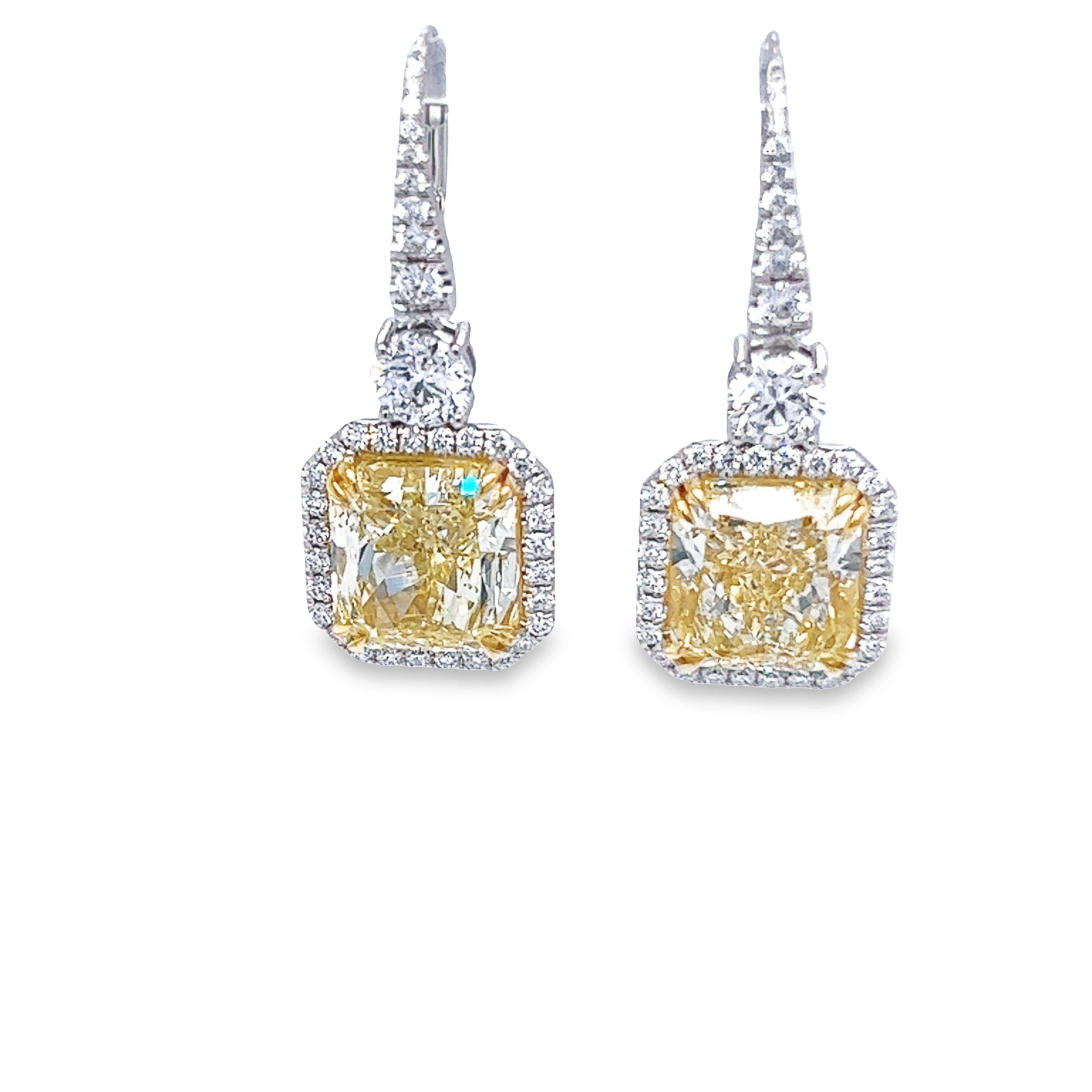 David Rosenberg 12.21 Carat Radiant Cut Fancy Yellow GIA Diamond Drop Earrings For Sale 6
