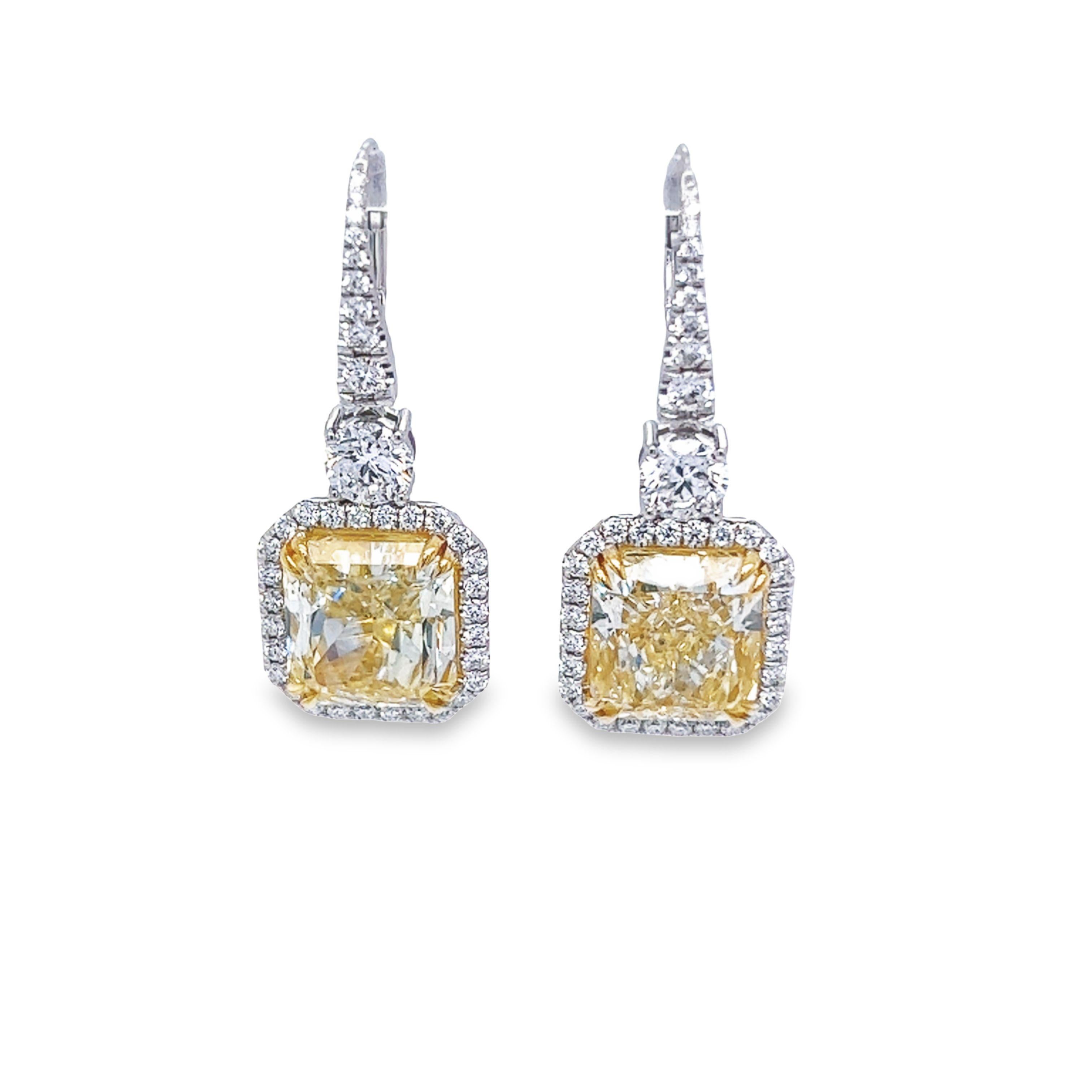 Modern David Rosenberg 12.21 Carat Radiant Cut Fancy Yellow GIA Diamond Drop Earrings For Sale