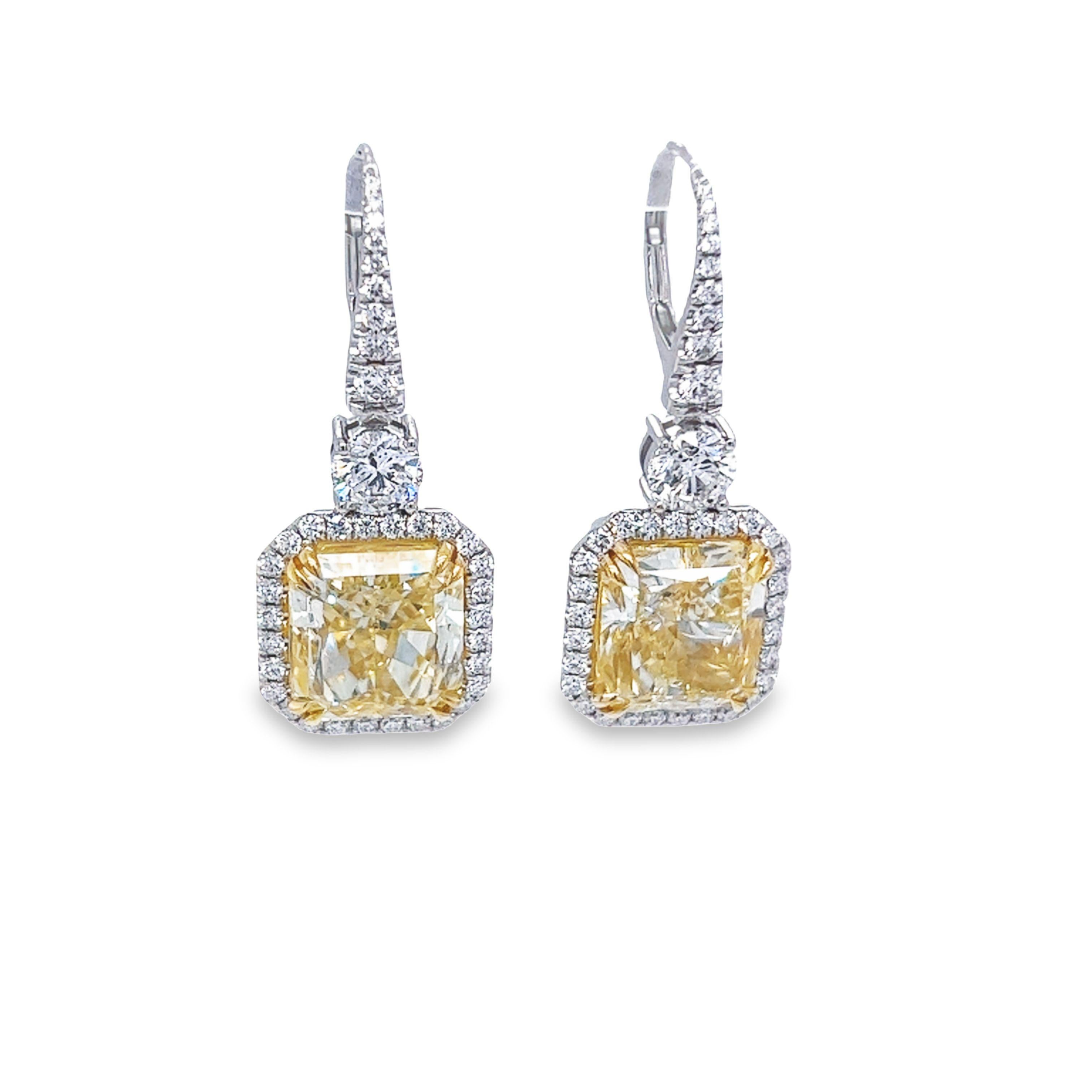 David Rosenberg 12.21 Carat Radiant Cut Fancy Yellow GIA Diamond Drop Earrings In New Condition For Sale In Boca Raton, FL