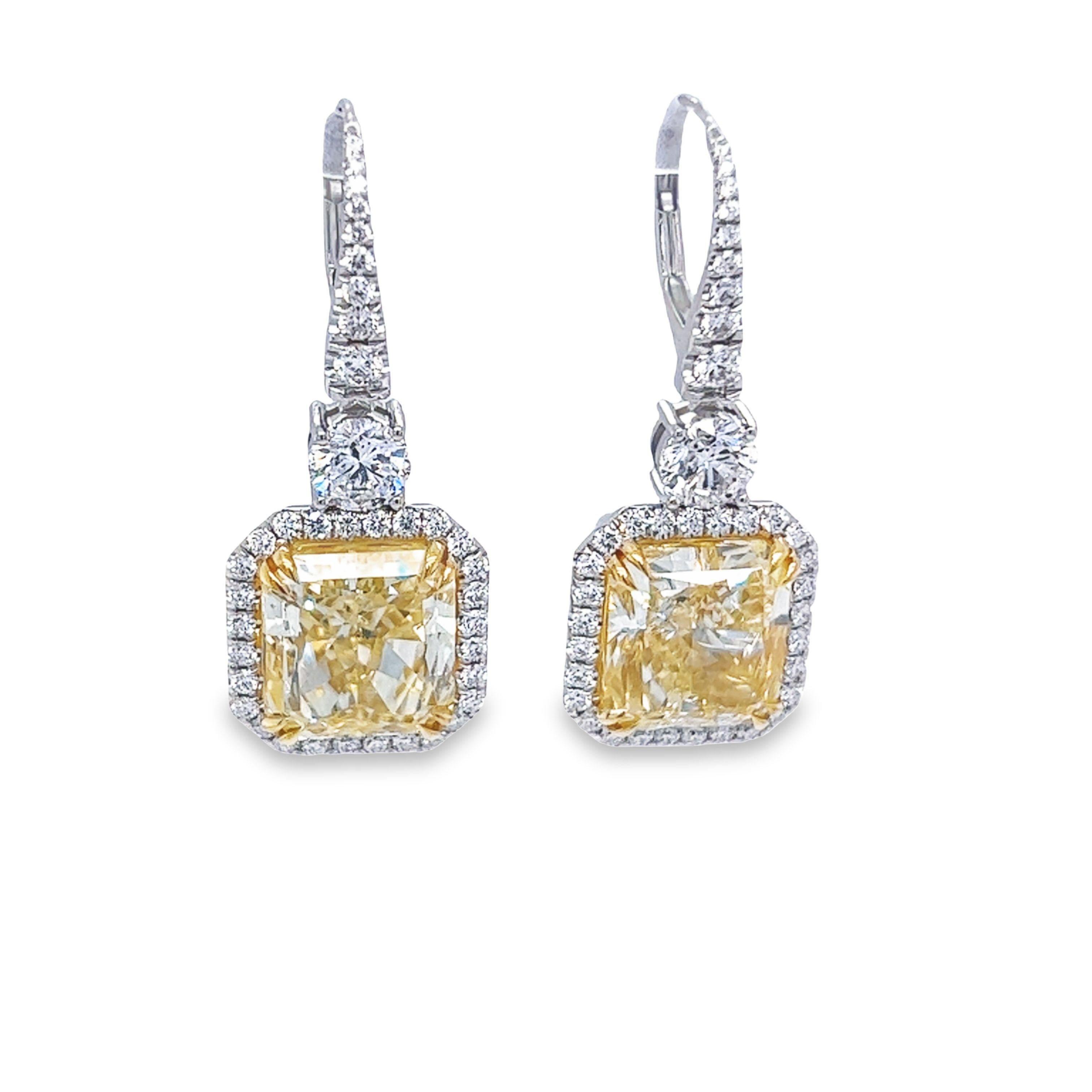 Women's David Rosenberg 12.21 Carat Radiant Cut Fancy Yellow GIA Diamond Drop Earrings For Sale
