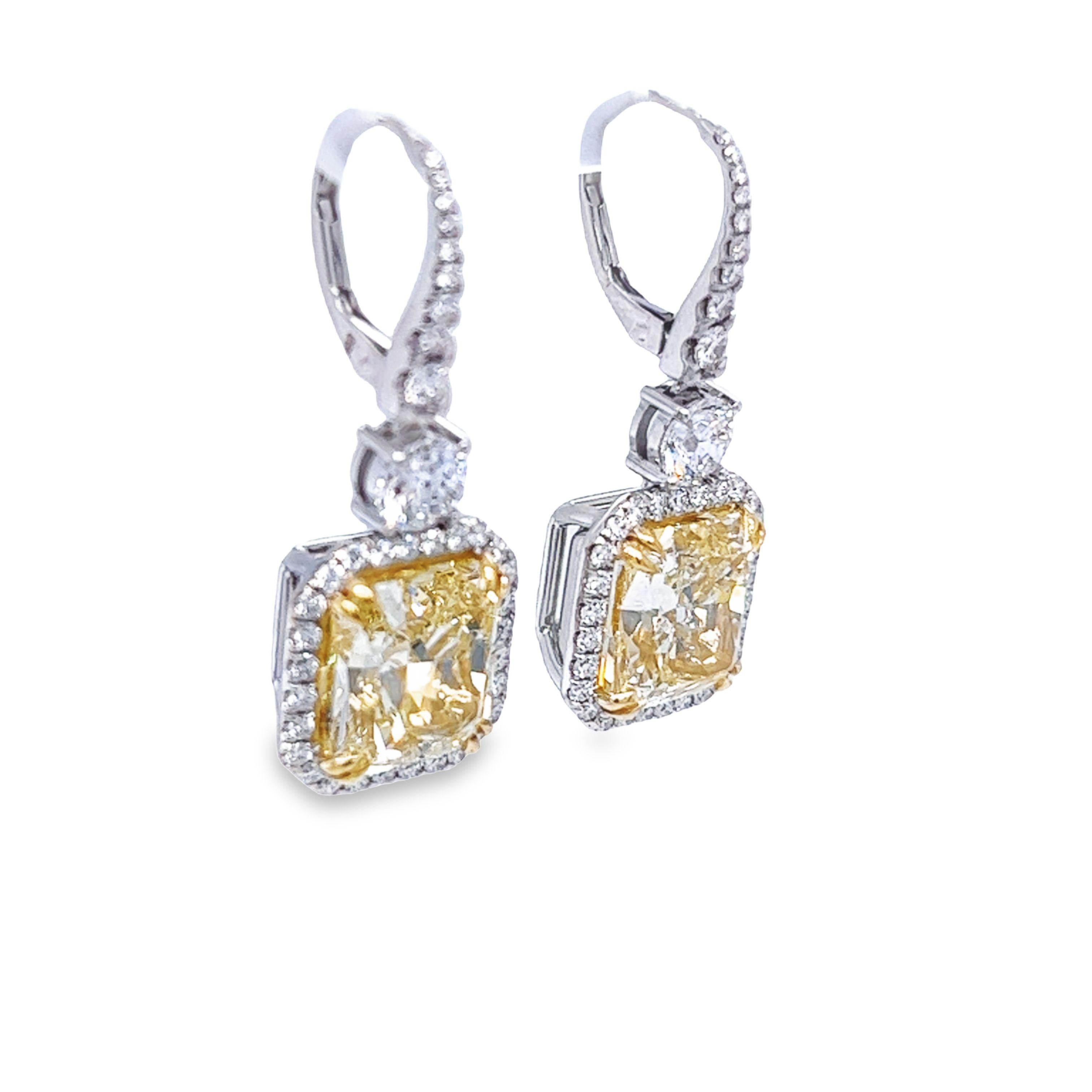David Rosenberg 12.21 Carat Radiant Cut Fancy Yellow GIA Diamond Drop Earrings For Sale 1