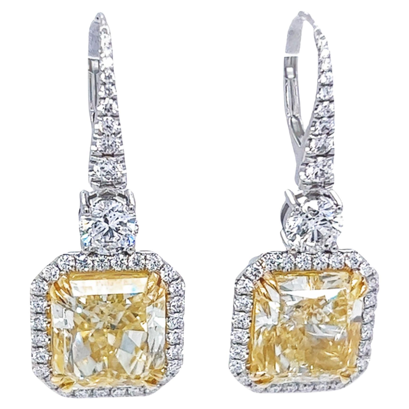 David Rosenberg 12.21 Carat Radiant Cut Fancy Yellow GIA Diamond Drop Earrings