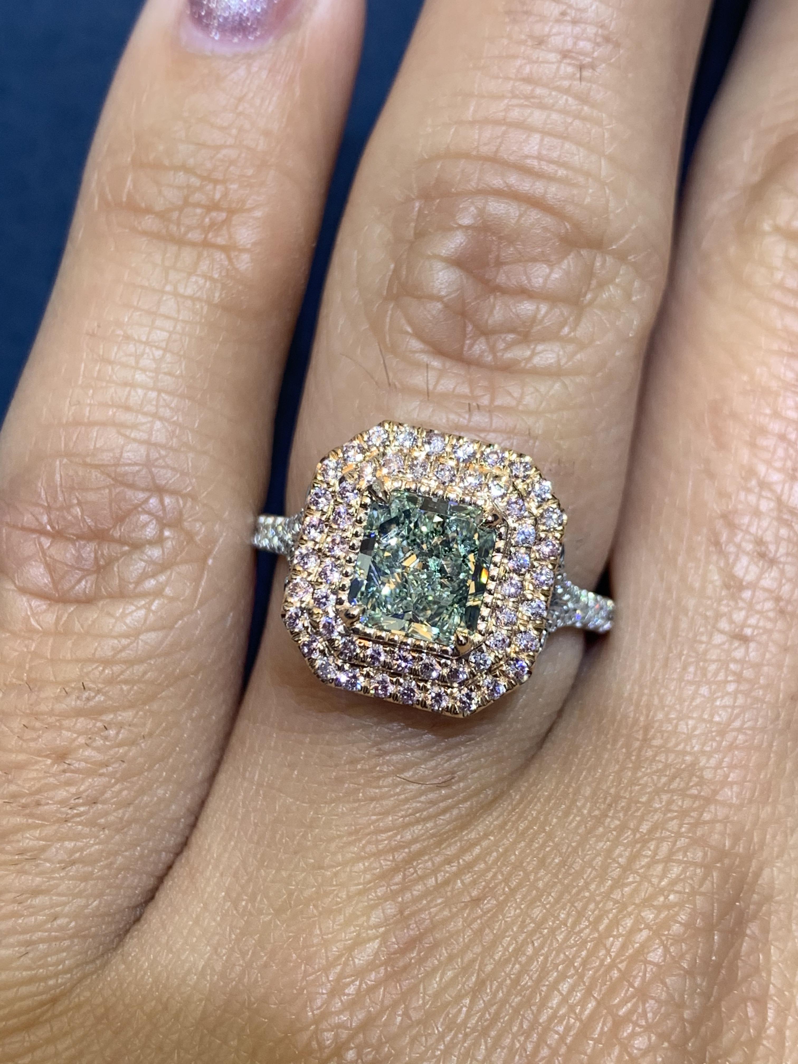David Rosenberg 1.24 Ct Radiant Fancy Light Green Yellow GIA Halo Diamond Ring  For Sale 3