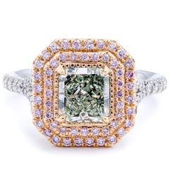 David Rosenberg 1.24 Ct Radiant Fancy Light Green Yellow GIA Halo Diamond Ring