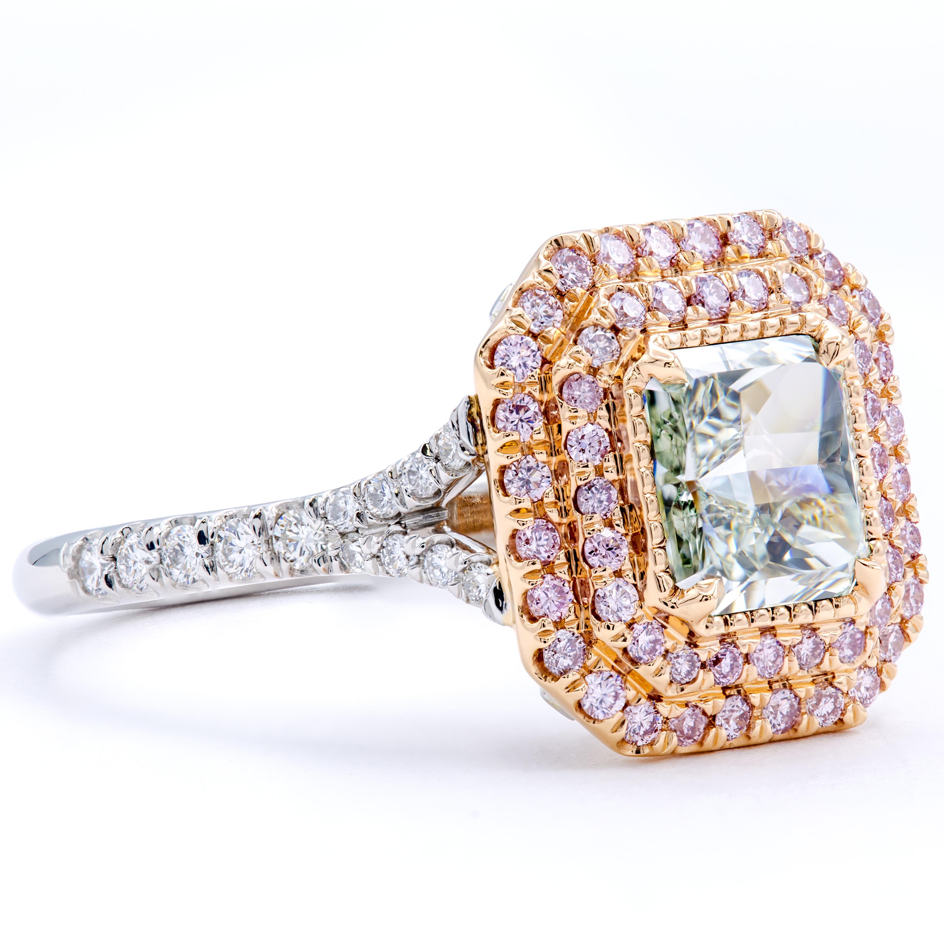 Women's David Rosenberg 1.24 Ct Radiant Fancy Light Green Yellow GIA Halo Diamond Ring  For Sale