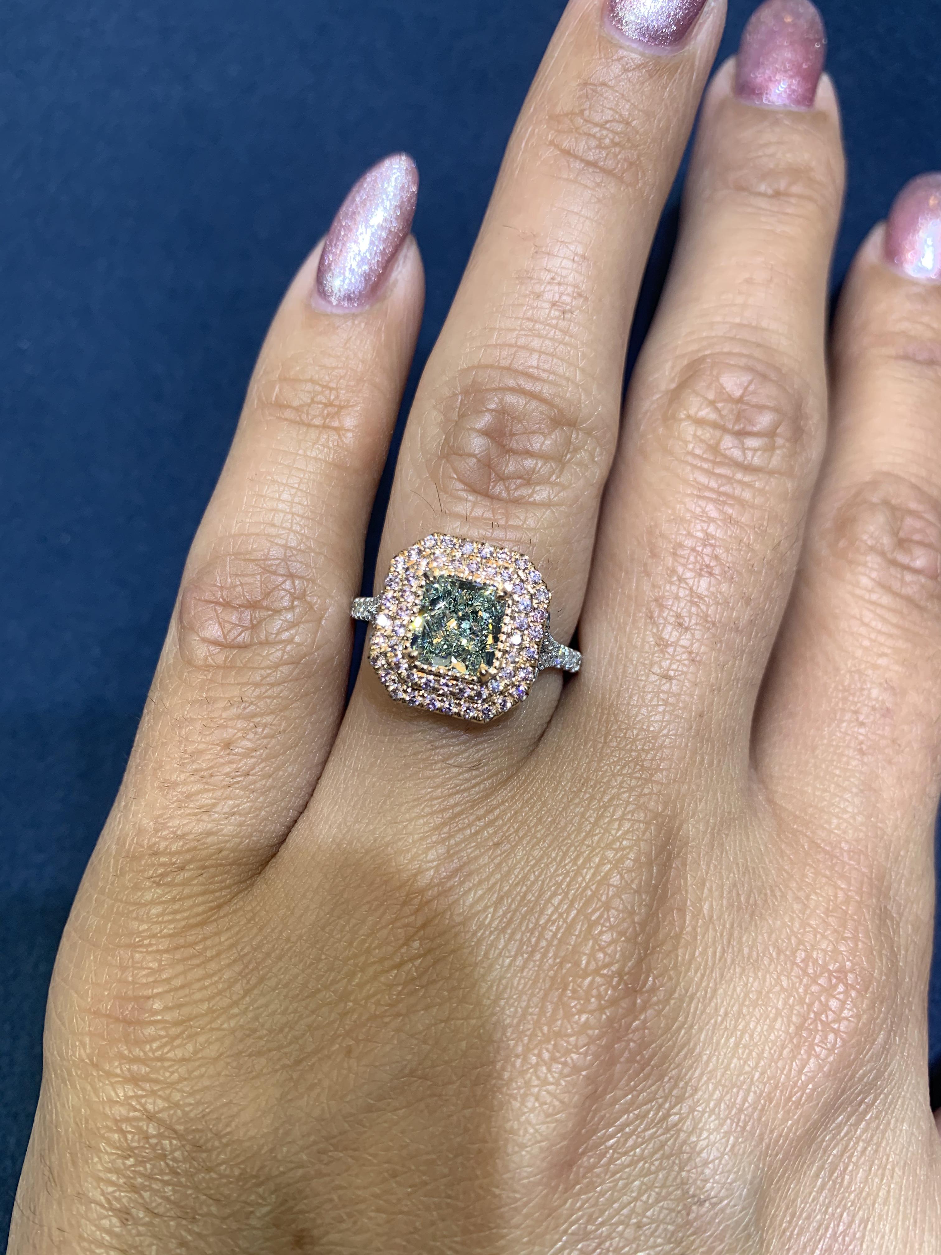 David Rosenberg 1.24 Ct Radiant Fancy Light Green Yellow GIA Halo Diamond Ring For Sale 1