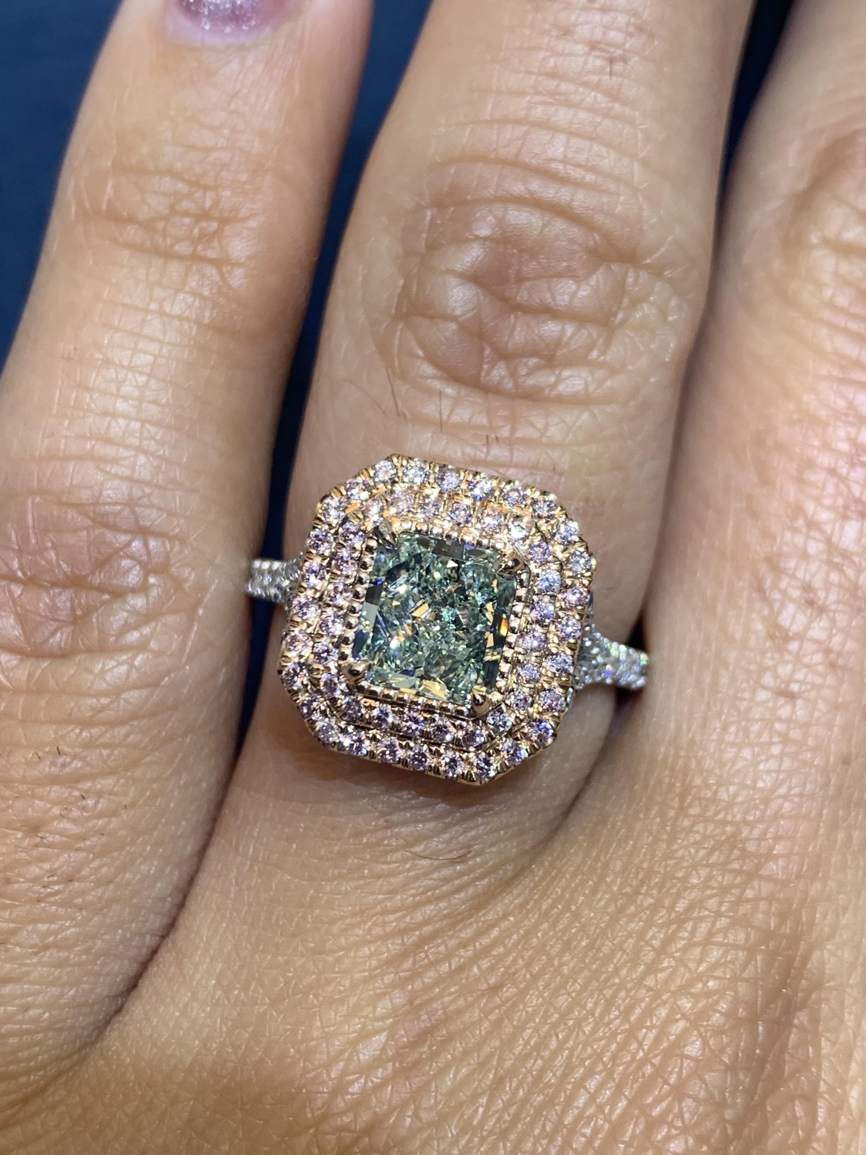 David Rosenberg 1.24 Ct Radiant Fancy Light Green Yellow GIA Halo Diamond Ring  For Sale 2