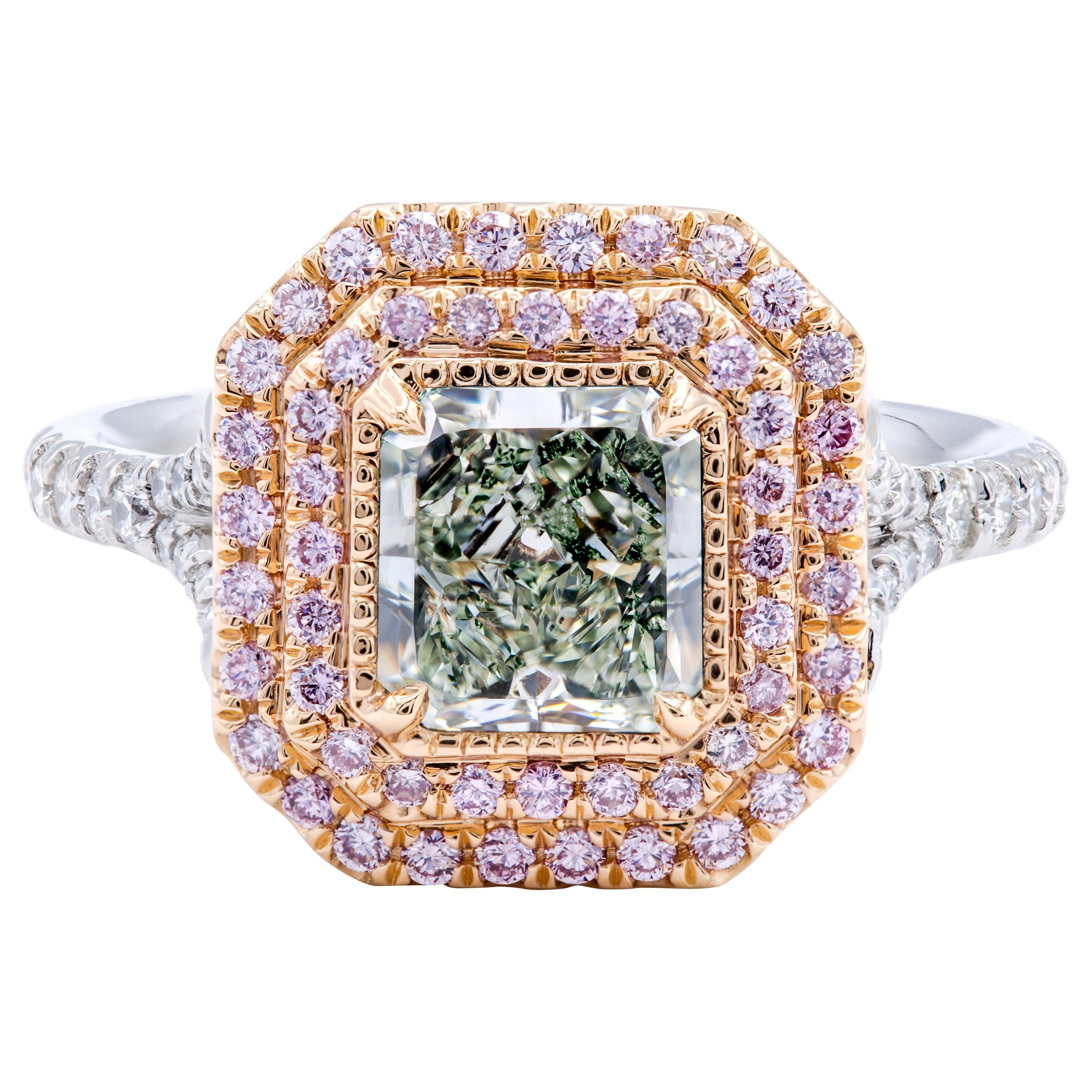 David Rosenberg 1.24 Ct Radiant Fancy Light Green Yellow GIA Halo Diamond Ring 