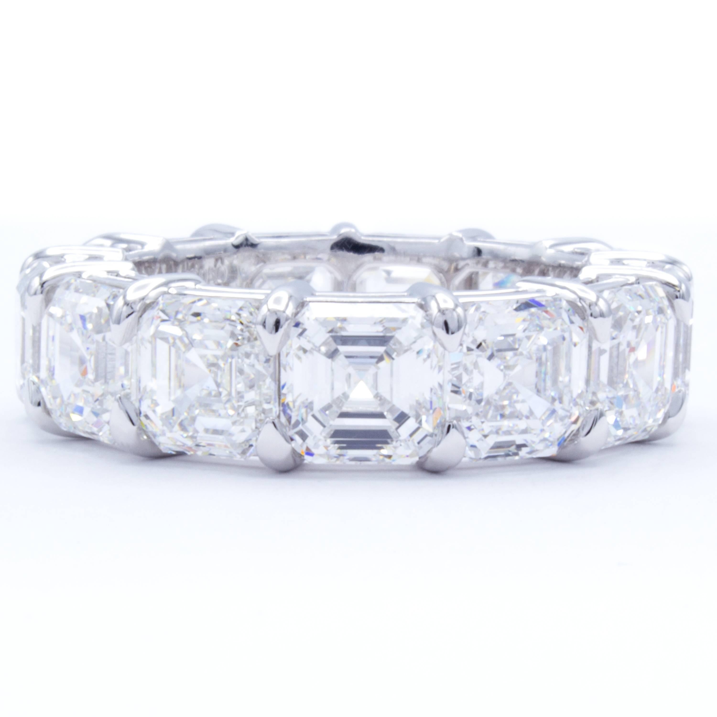 An incredible Rosenberg Diamonds & Co. diamond eternity band shines resplendently with 13.24 carats of GIA certified Asscher cut diamonds on a band of bright platinum. Each stone is hand selected by David Rosenberg for the exceptional color and