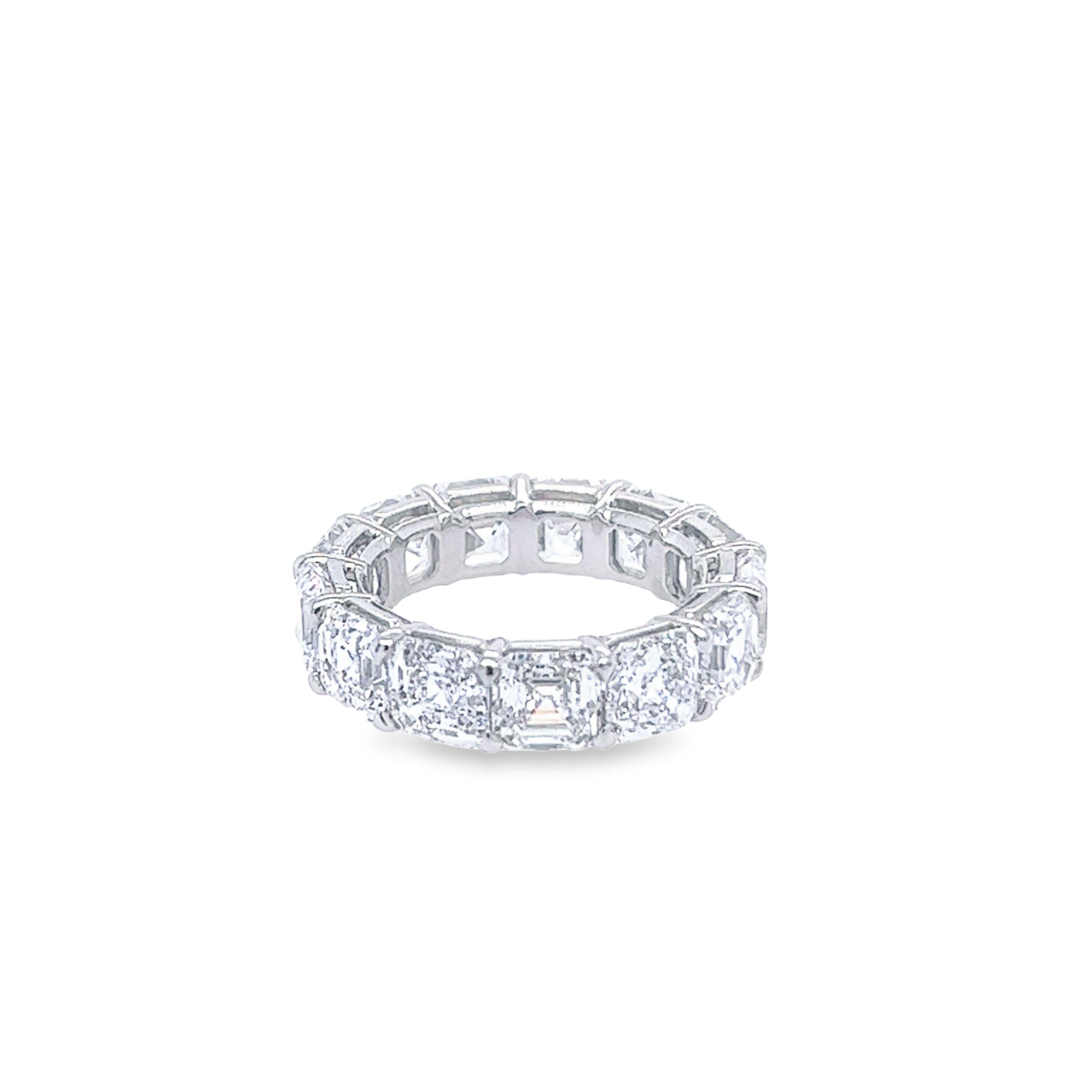 Rosenberg Diamonds & Co. 13.16 total carat weight Asscher cut diamond eternity band. This beautiful eternity band has thirteen Asscher cut diamonds ranging from D-F in color VVS1-VS2 in clarity with just over a carat each all accompanied by a GIA