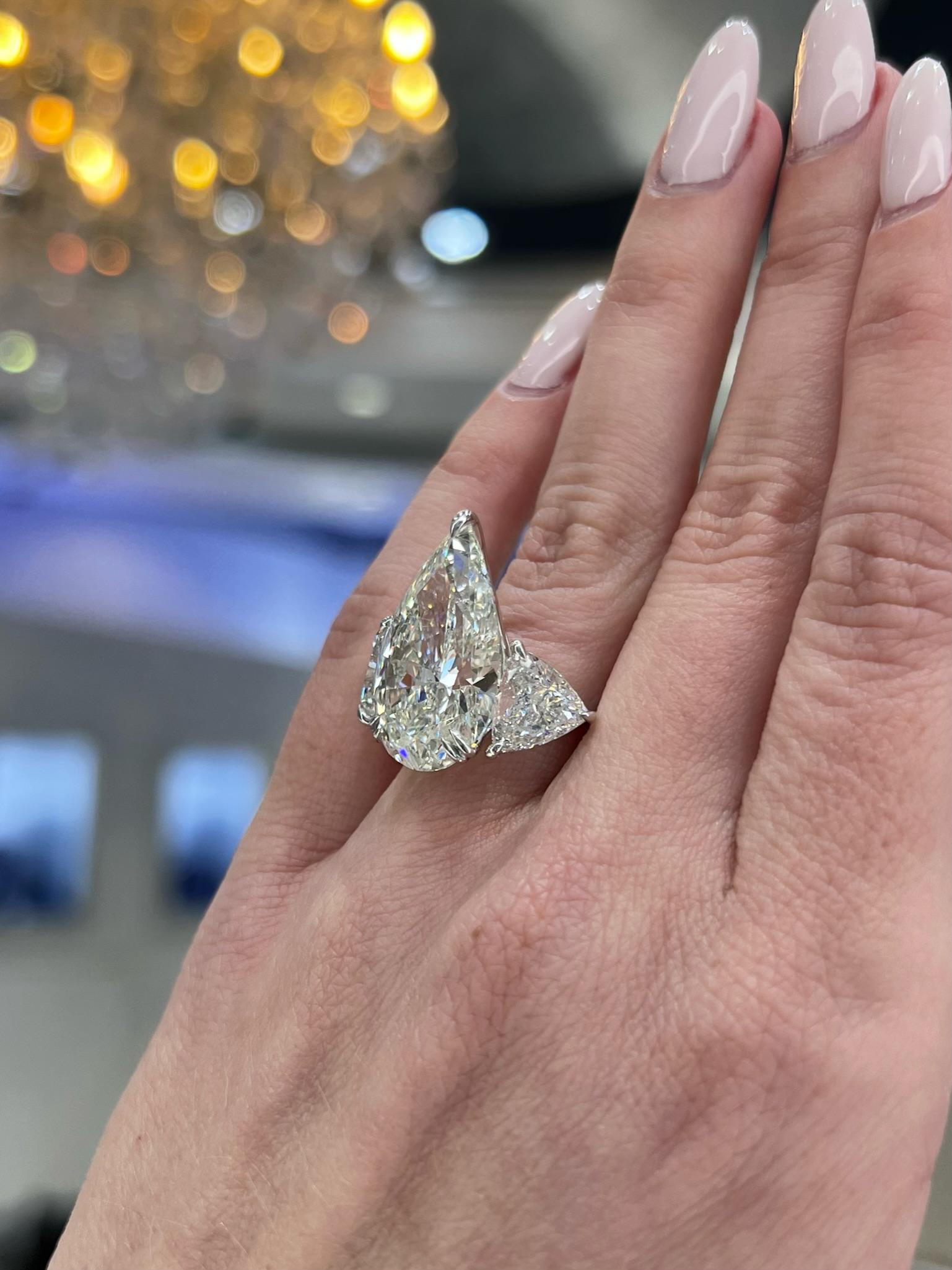 David Rosenberg 13.34 Carat Pear Shape GIA 3 Stone Diamond Engagement Ring For Sale 1