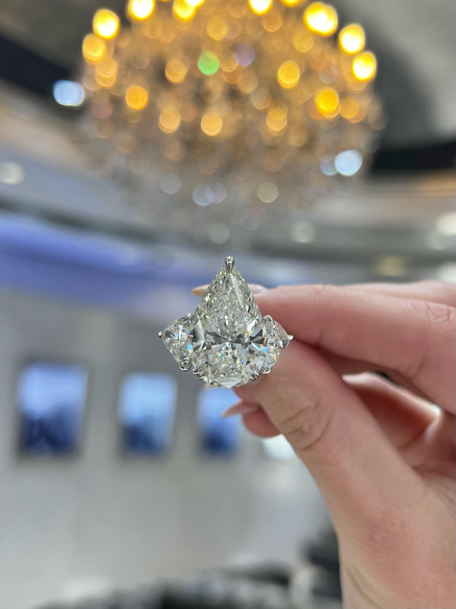 David Rosenberg 13.34 Carat Pear Shape GIA 3 Stone Diamond Engagement Ring For Sale 3