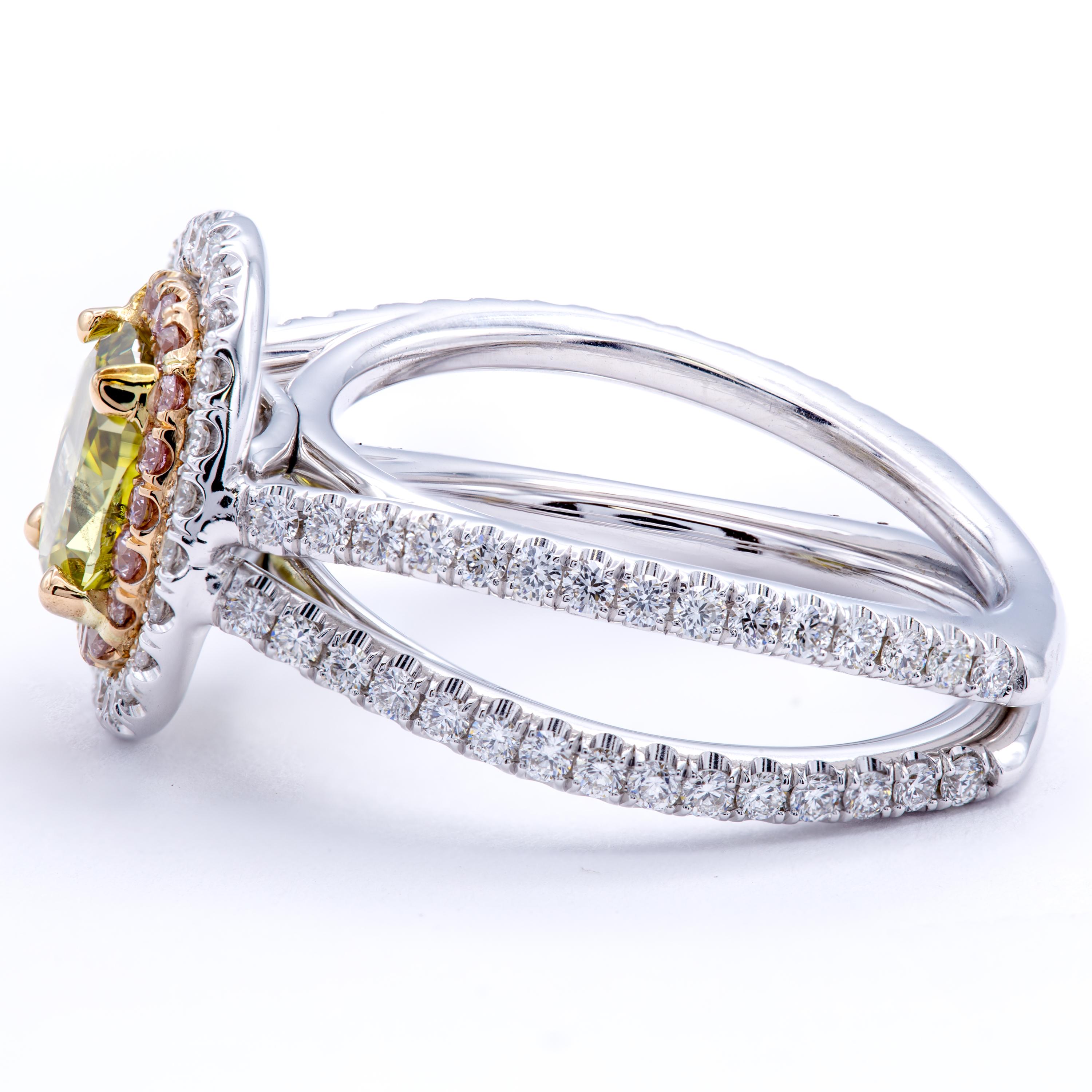 Modern David Rosenberg 1.39ct Oval Fancy Greenish Yellow GIA Split Shank Diamond Ring For Sale