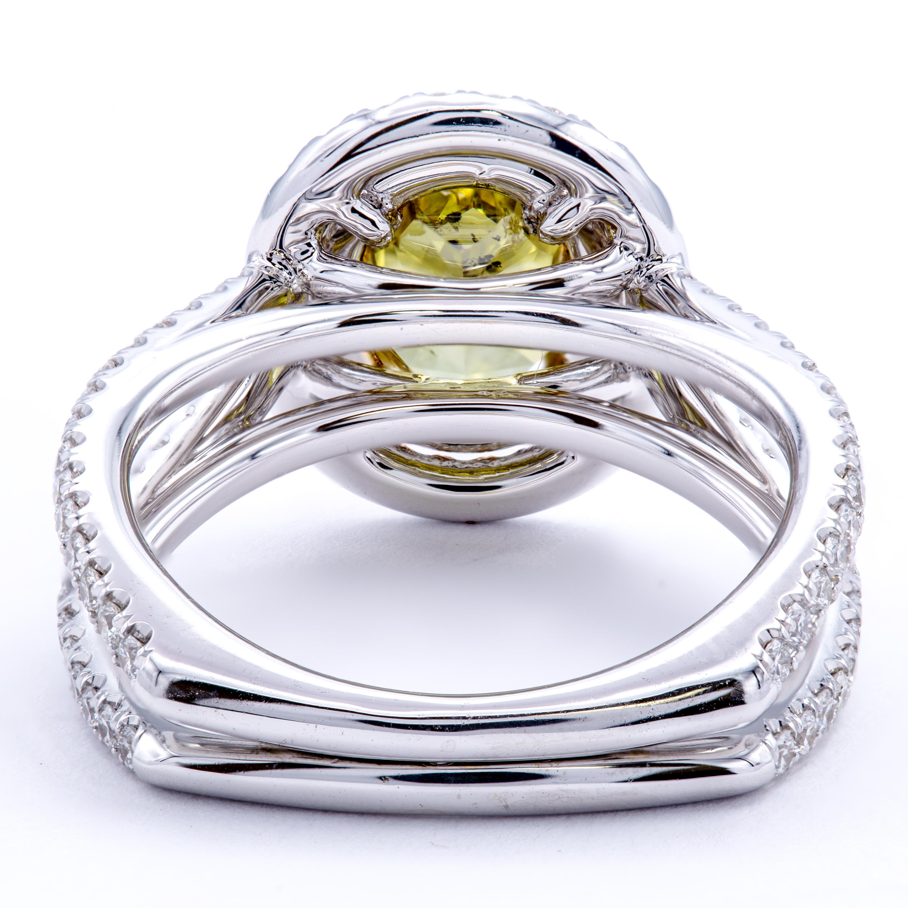 Oval Cut David Rosenberg 1.39ct Oval Fancy Greenish Yellow GIA Split Shank Diamond Ring For Sale