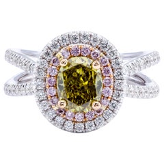 David Rosenberg 1.39ct Oval Fancy Greenish Yellow GIA Split Shank Diamond Ring