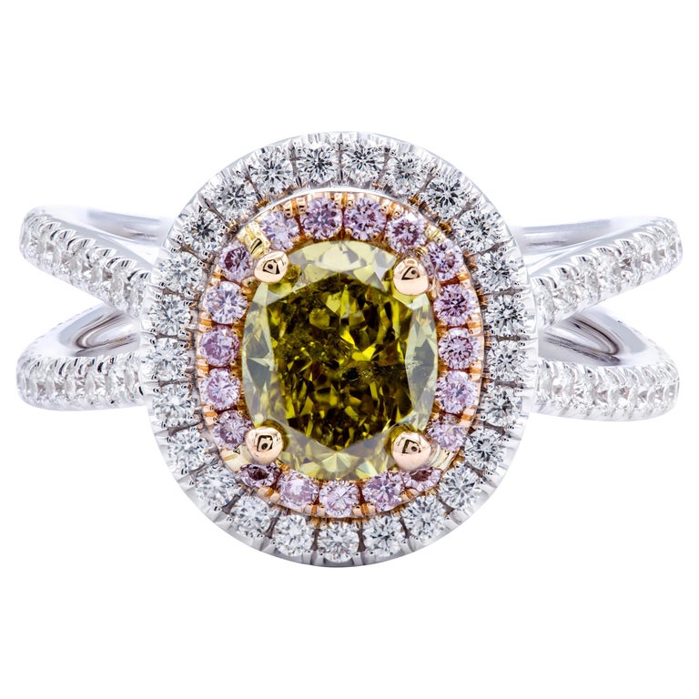 David Rosenberg 1.39ct Oval Fancy Greenish Yellow GIA Split Shank Diamond Ring For Sale