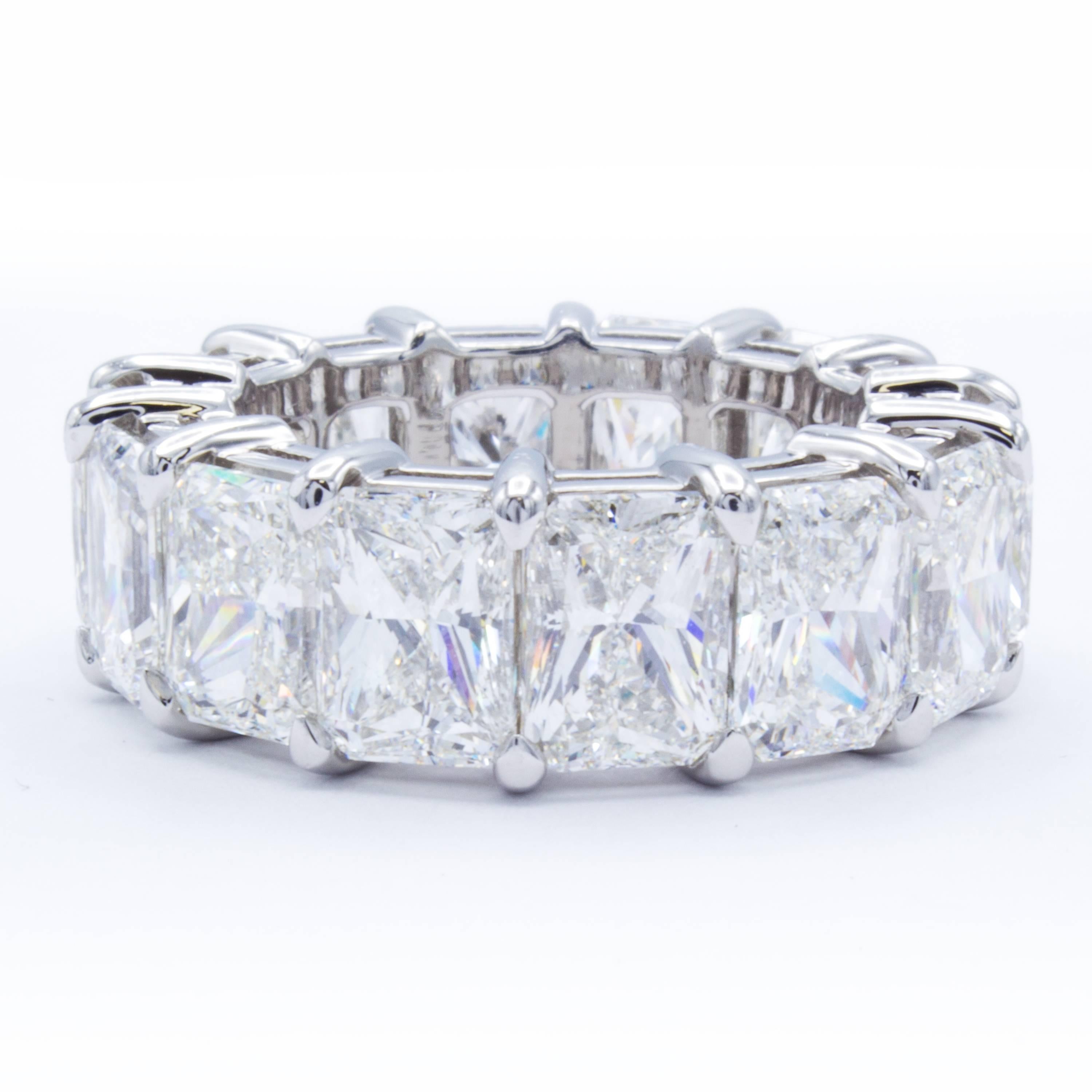 Breathtaking in its beauty and meticulous in its creation, this Rosenberg Diamonds & Co. eternity band carries 14.01 carats of GIA certified radiant cut diamonds set into a gorgeous platinum band. Hand selected with impeccable care to perfectly
