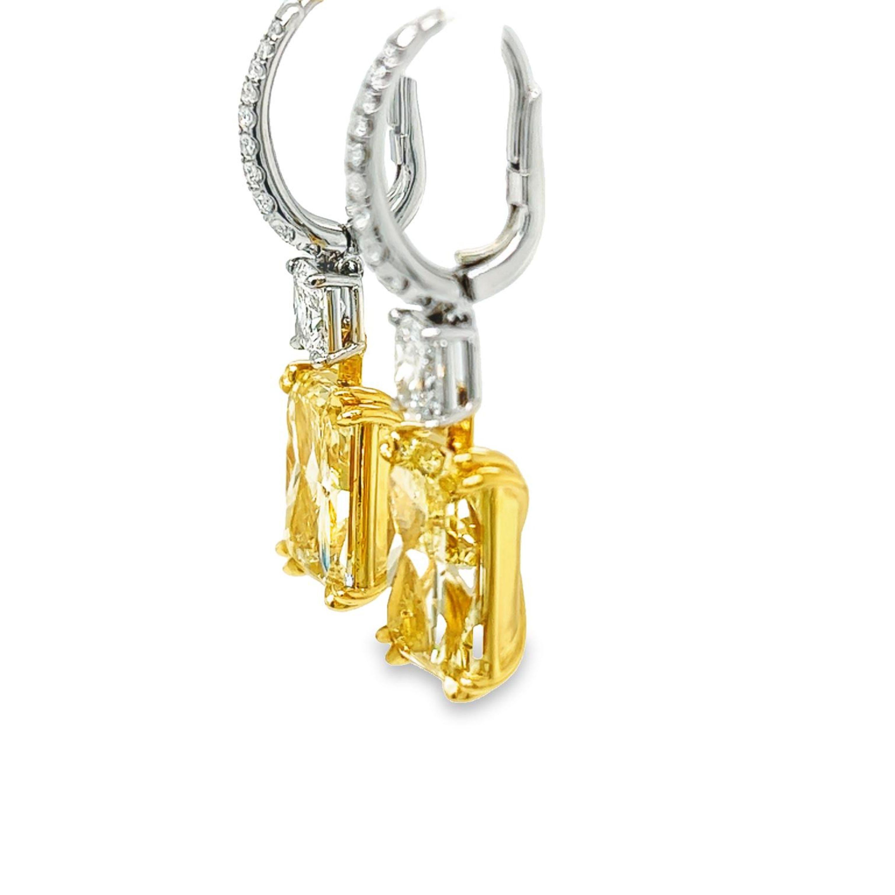 David Rosenberg 14.05 Carat Radiant Cut Yellow GIA Diamond Drop Earrings For Sale 3