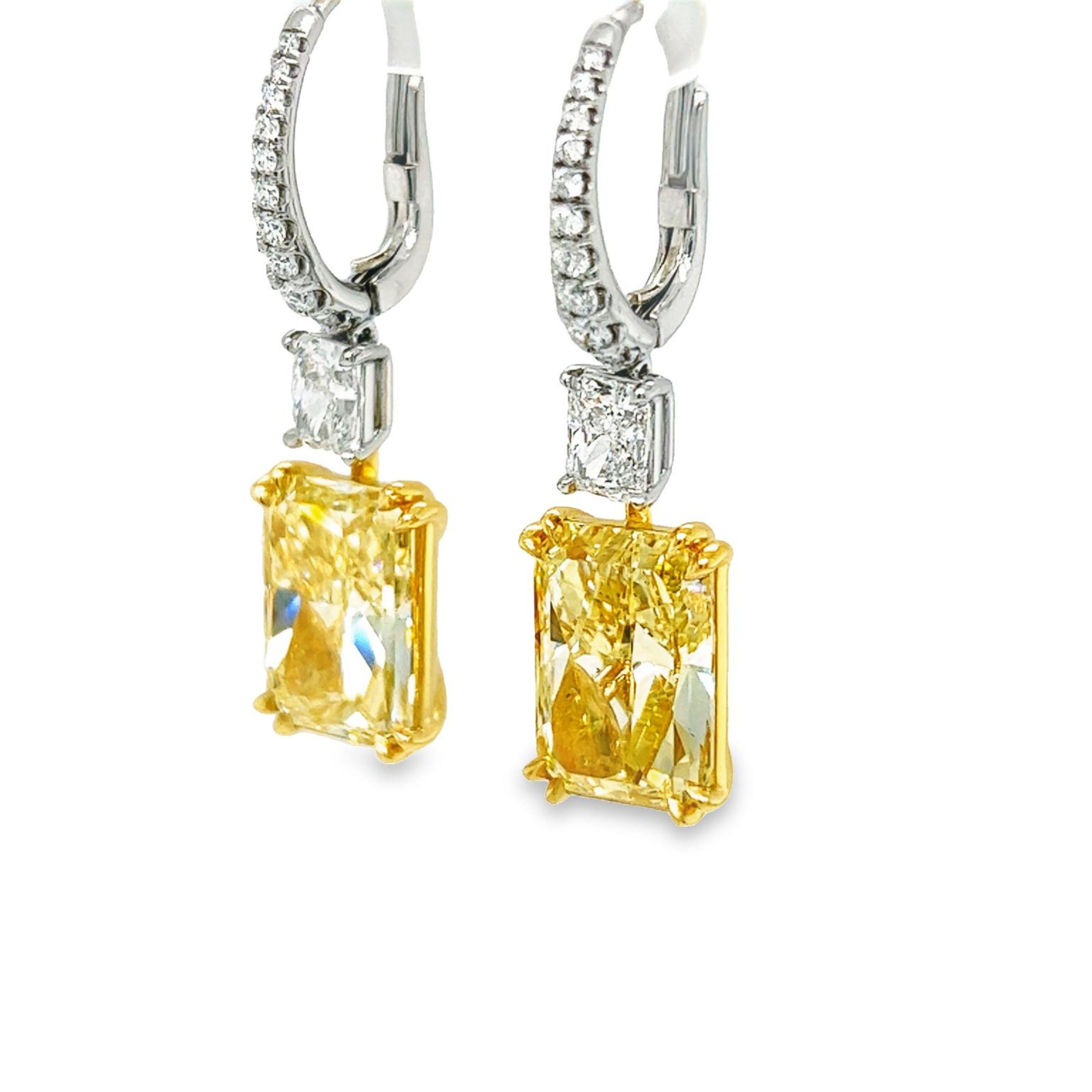 David Rosenberg 14.05 Carat Radiant Cut Yellow GIA Diamond Drop Earrings For Sale 4