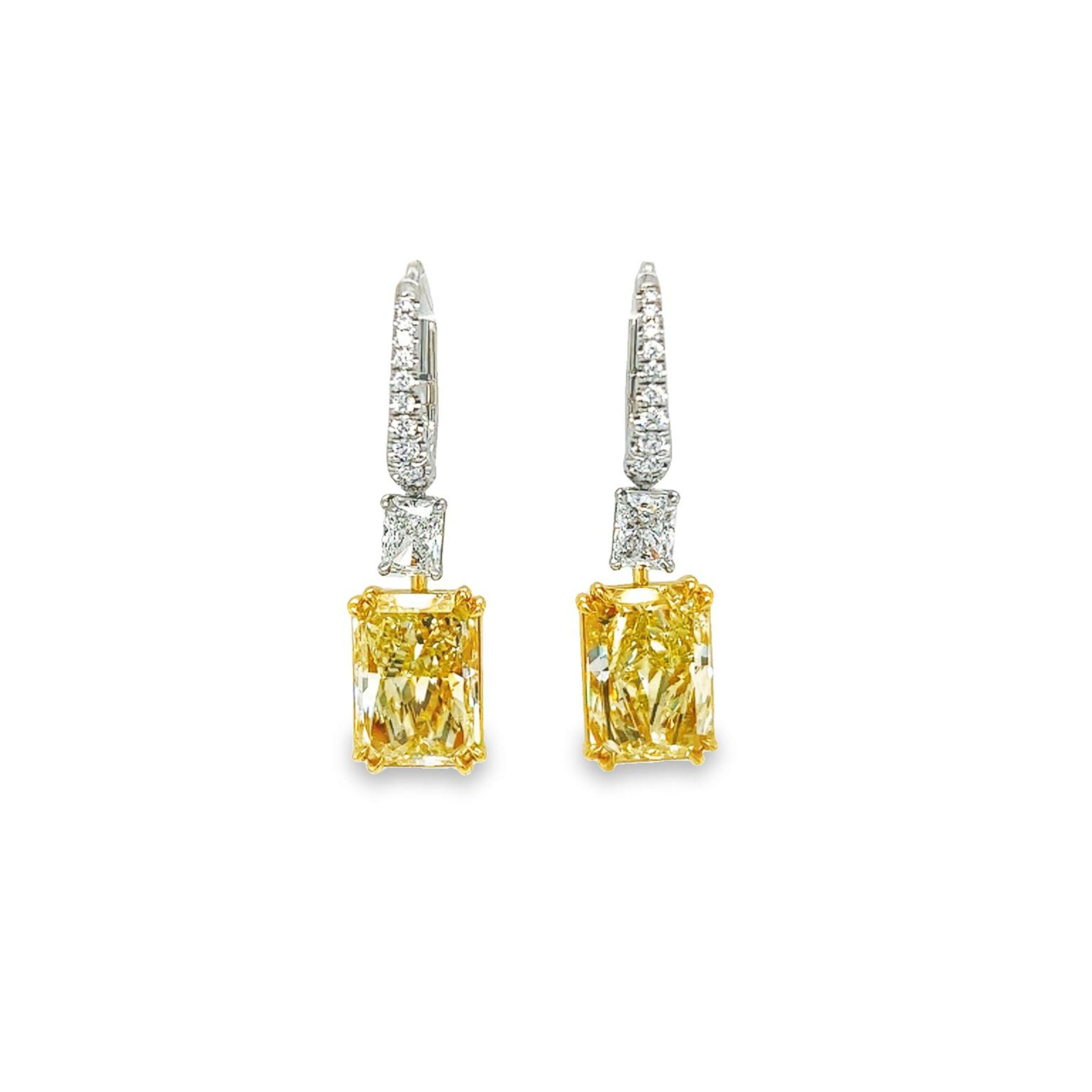 David Rosenberg 14.05 Carat Radiant Cut Yellow GIA Diamond Drop Earrings For Sale 5