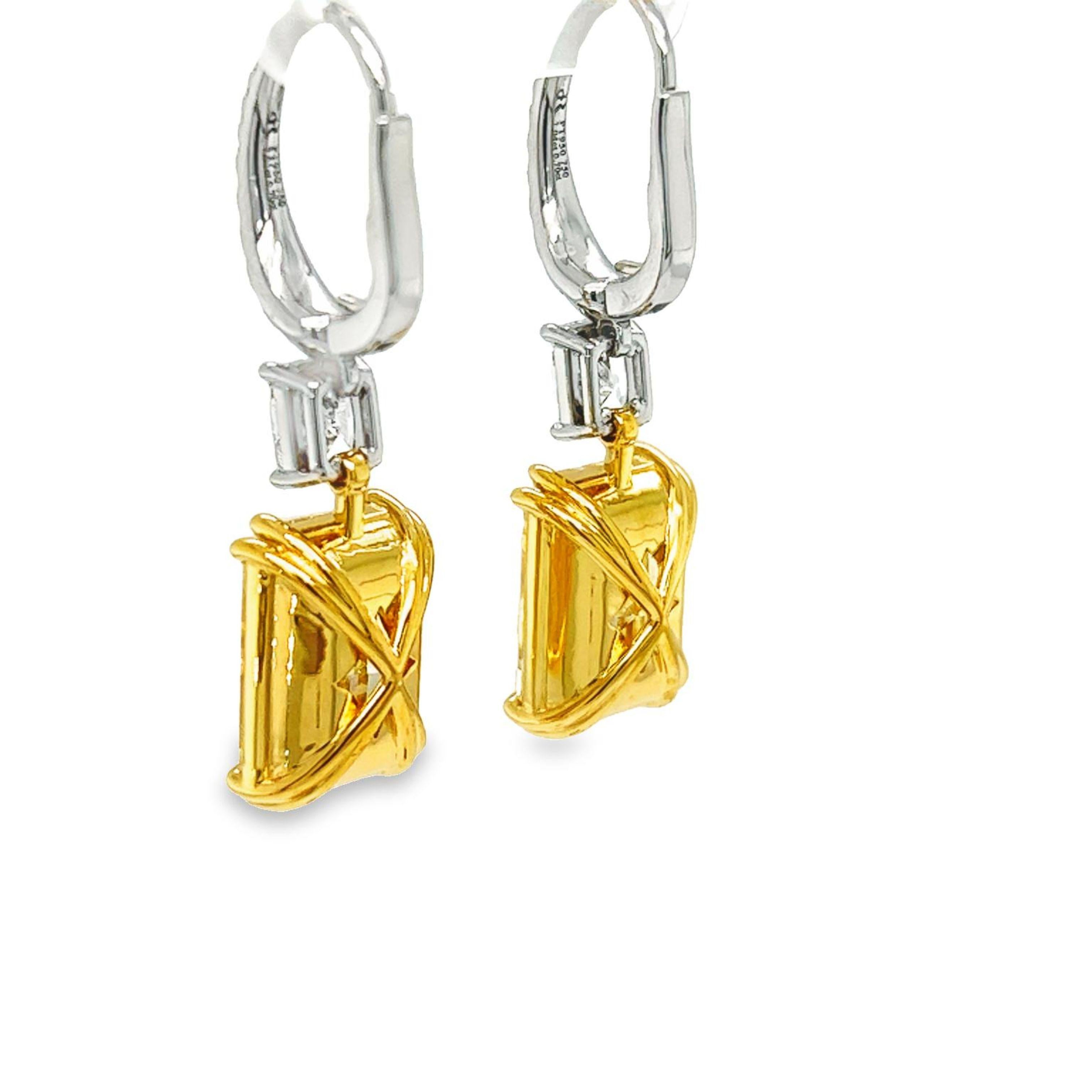 David Rosenberg 14.05 Carat Radiant Cut Yellow GIA Diamond Drop Earrings For Sale 1