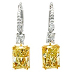 David Rosenberg 14.05 Carat Radiant Cut Yellow GIA Diamond Drop Earrings