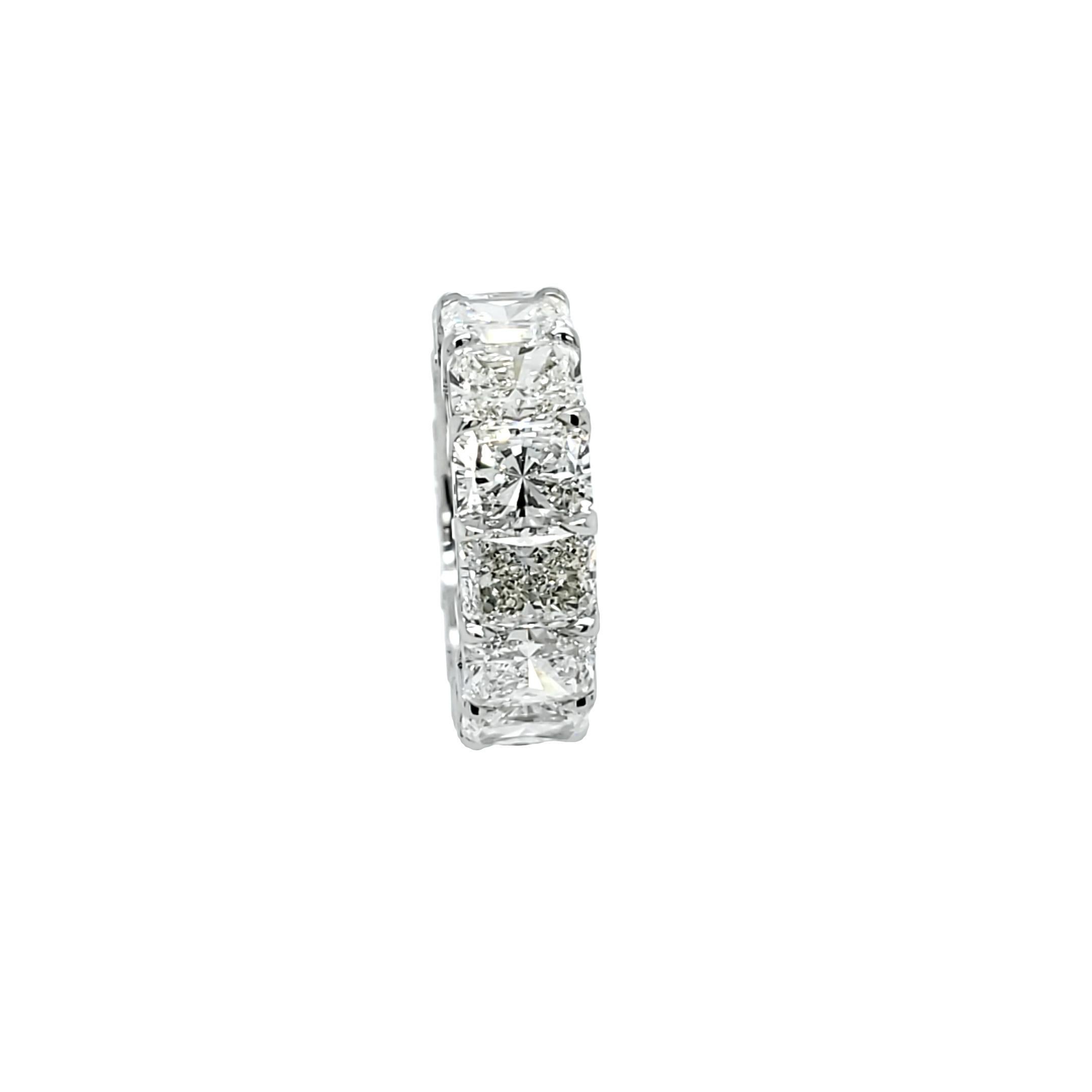 Rosenberg Diamonds & Co. 14.17 total carat weight Radiant cut diamond eternity band. This beautiful platinum airline eternity band has fourteen elongated radiant cut diamonds ranging from G-I in color SI2-VS1 in clarity with an average of just over