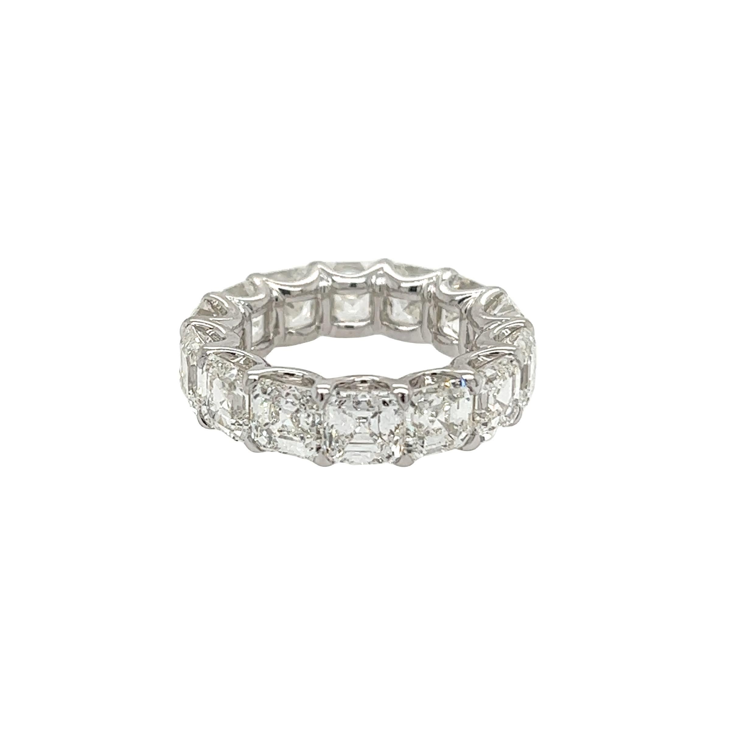 Rosenberg Diamonds & Co. 14.34 total carat weight Asscher cut diamond eternity band. This beautiful platinum airline eternity band has fourteen asscher cut diamonds ranging from F-G in color IF - VS2 in clarity with an average of just over one carat