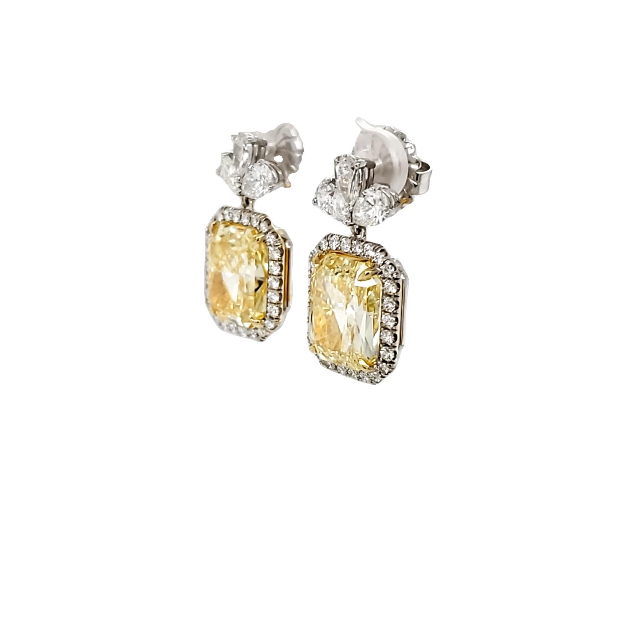 David Rosenberg 14.37 Carat Radiant Fancy Yellow GIA Diamond Drop Earrings For Sale 1