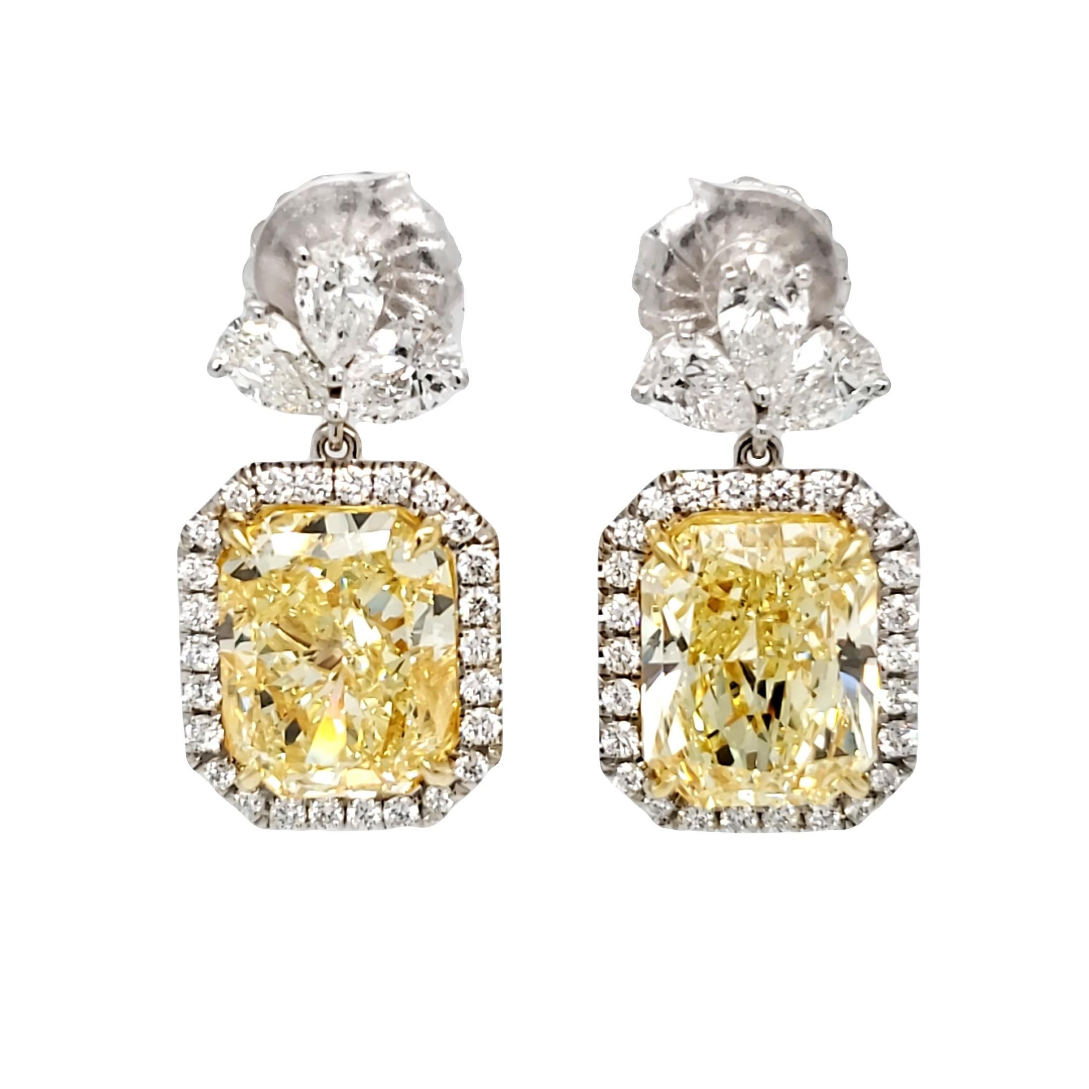 David Rosenberg 14.37 Carat Radiant Fancy Yellow GIA Diamond Drop Earrings For Sale 2