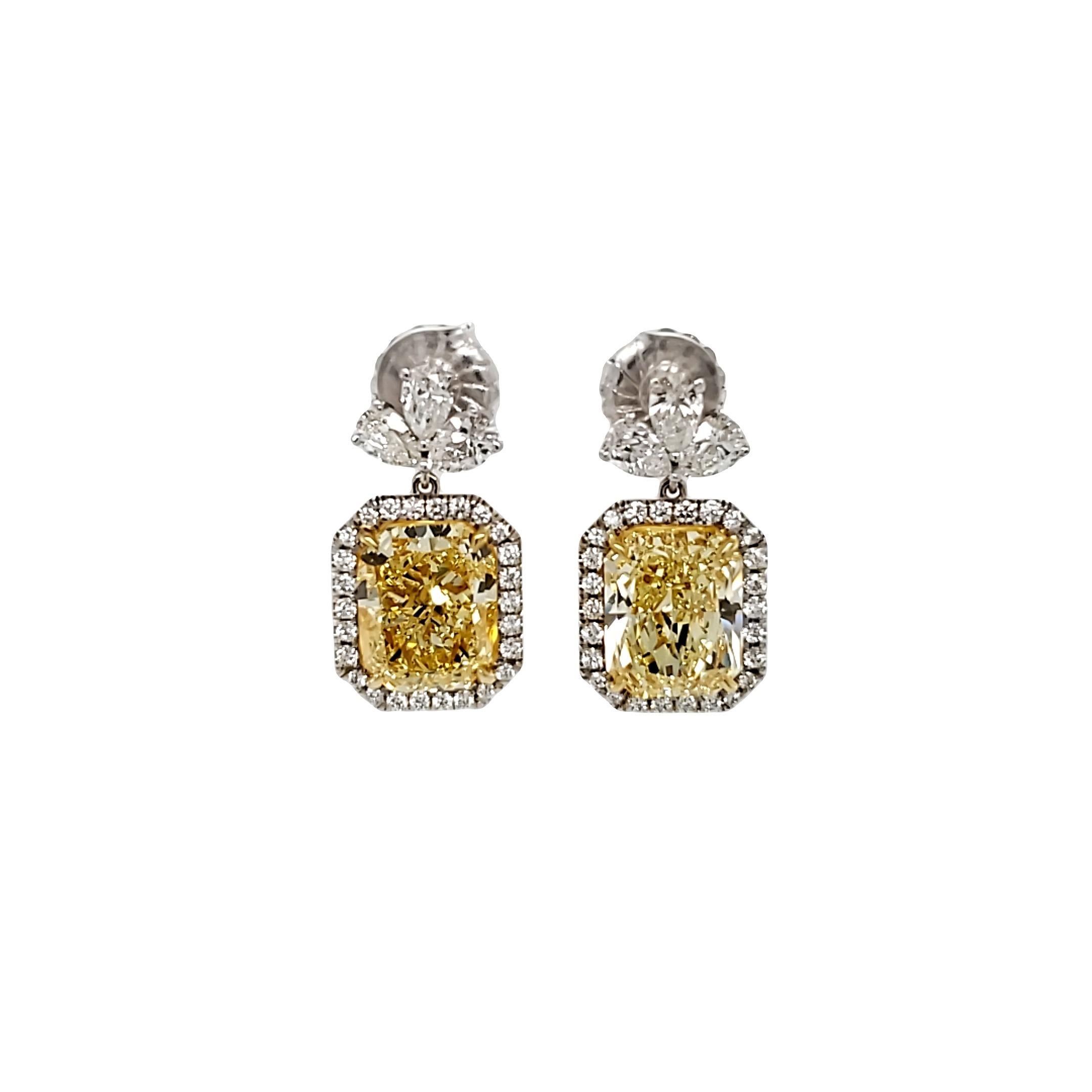 David Rosenberg 14.37 Carat Radiant Fancy Yellow GIA Diamond Drop Earrings For Sale 3