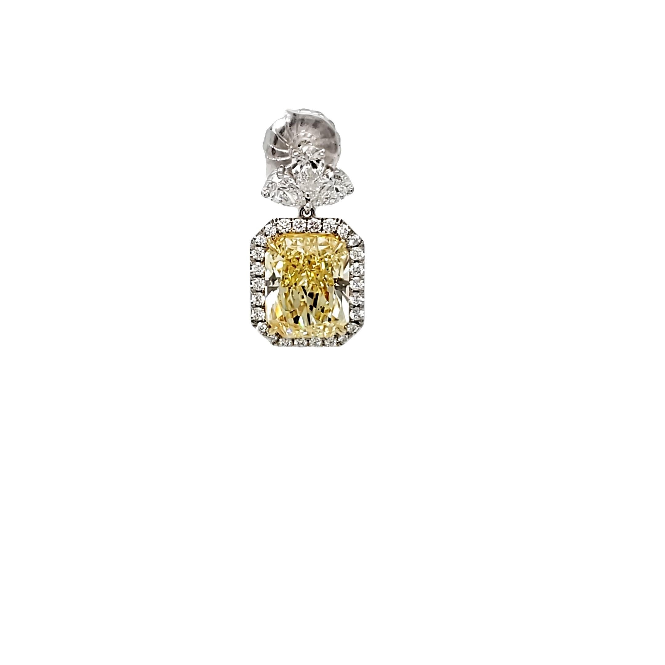 David Rosenberg 14.37 Carat Radiant Fancy Yellow GIA Diamond Drop Earrings For Sale 4