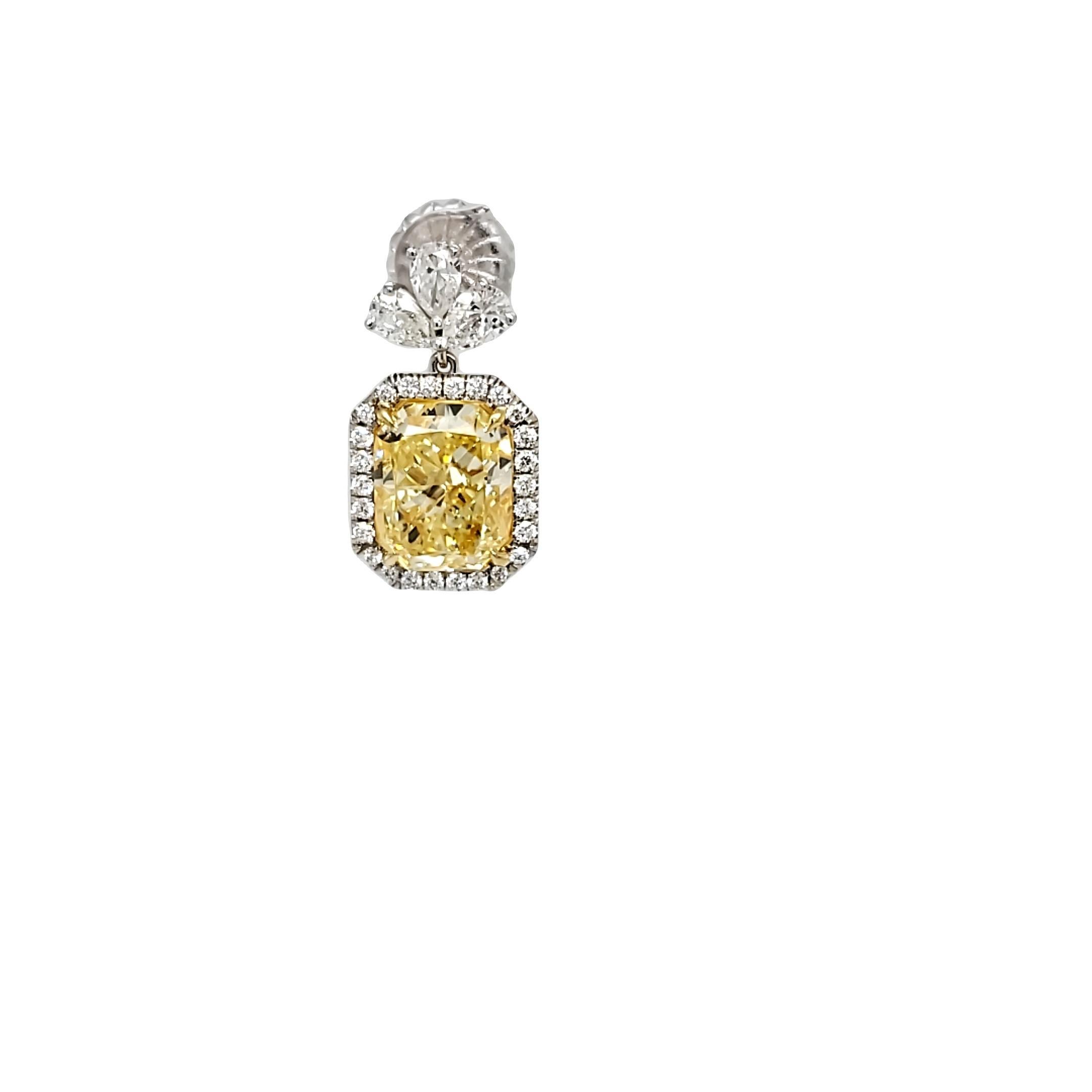 David Rosenberg 14.37 Carat Radiant Fancy Yellow GIA Diamond Drop Earrings For Sale 5