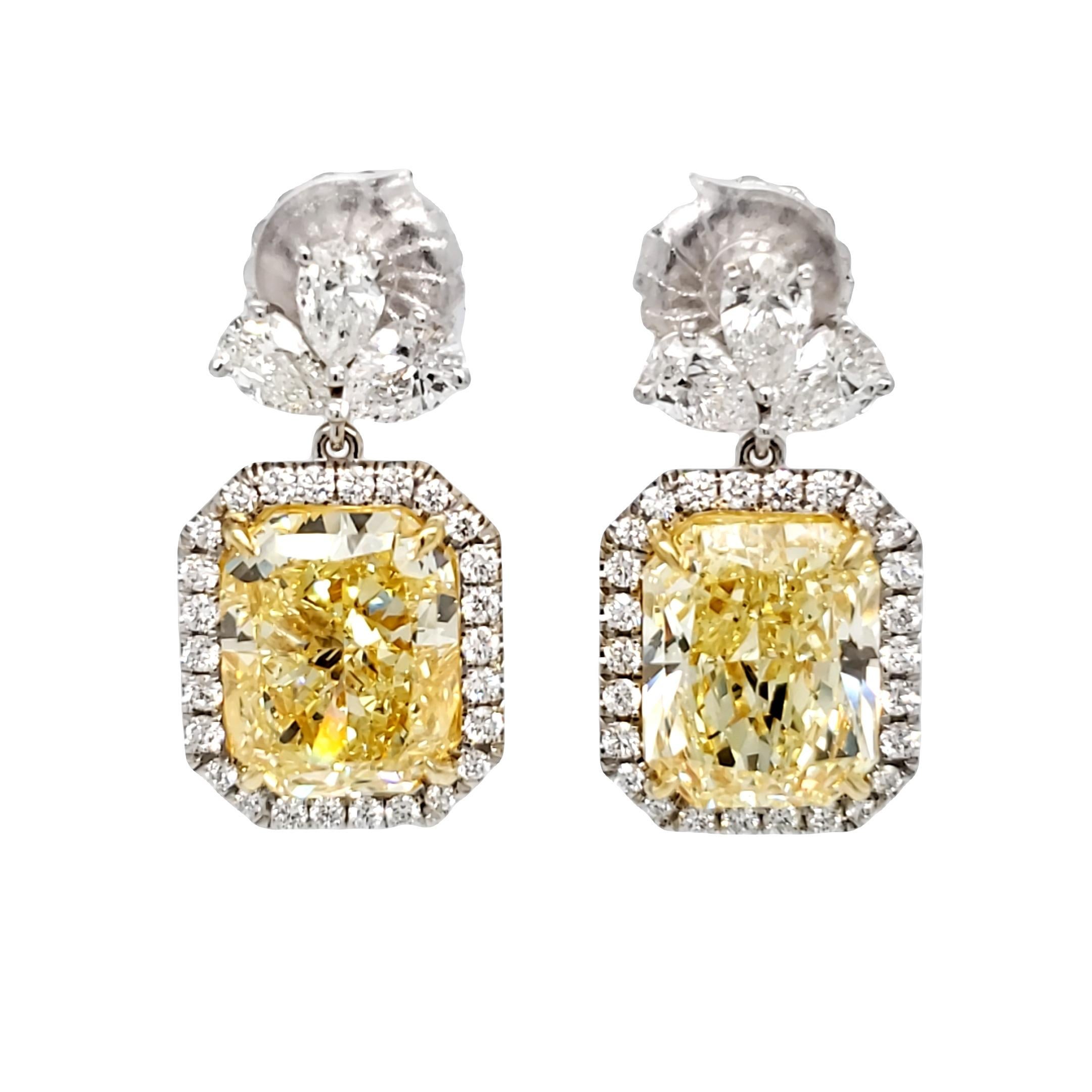 David Rosenberg 14.37 Carat Radiant Fancy Yellow GIA Diamond Drop Earrings For Sale 6