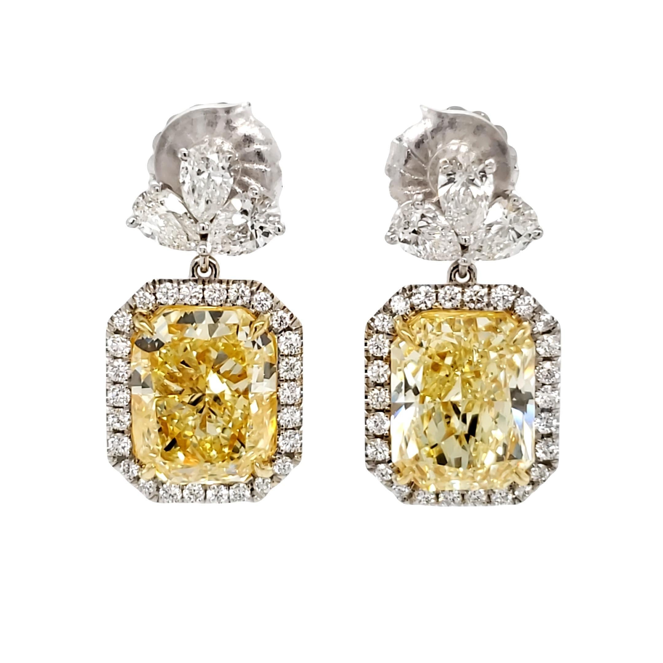 David Rosenberg 14.37 Carat Radiant Fancy Yellow GIA Diamond Drop Earrings For Sale 7