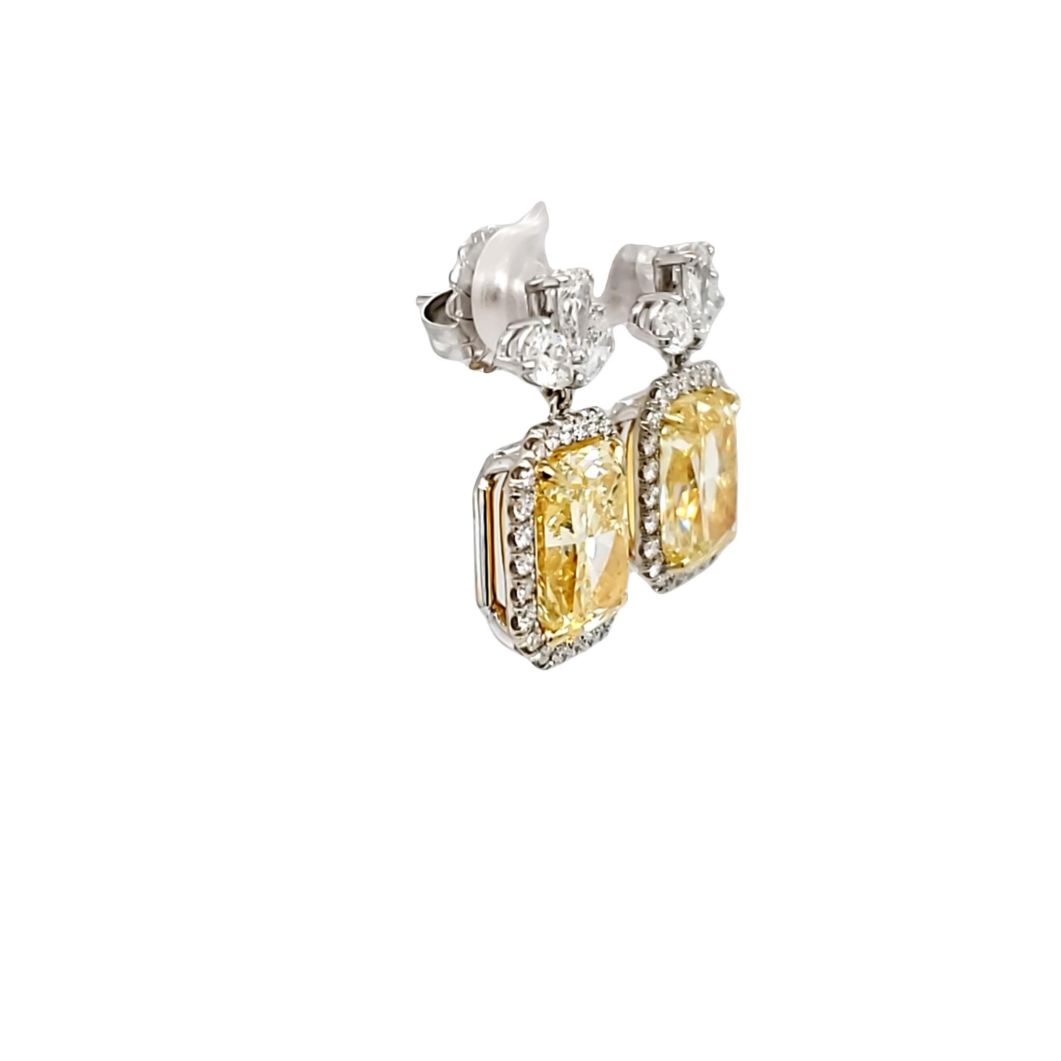 Modern David Rosenberg 14.37 Carat Radiant Fancy Yellow GIA Diamond Drop Earrings For Sale