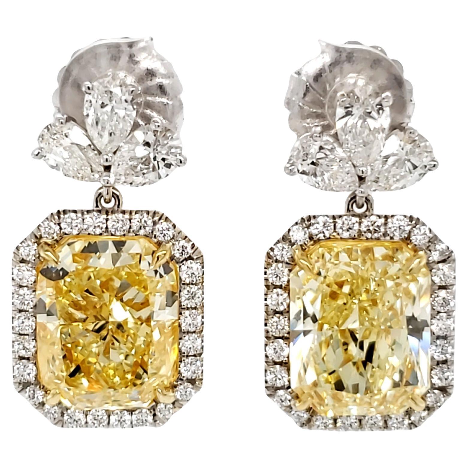 David Rosenberg 14.37 Carat Radiant Fancy Yellow GIA Diamond Drop Earrings
