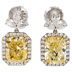 David Rosenberg 14.37 Carat Radiant Fancy Yellow GIA Diamond Drop Earrings