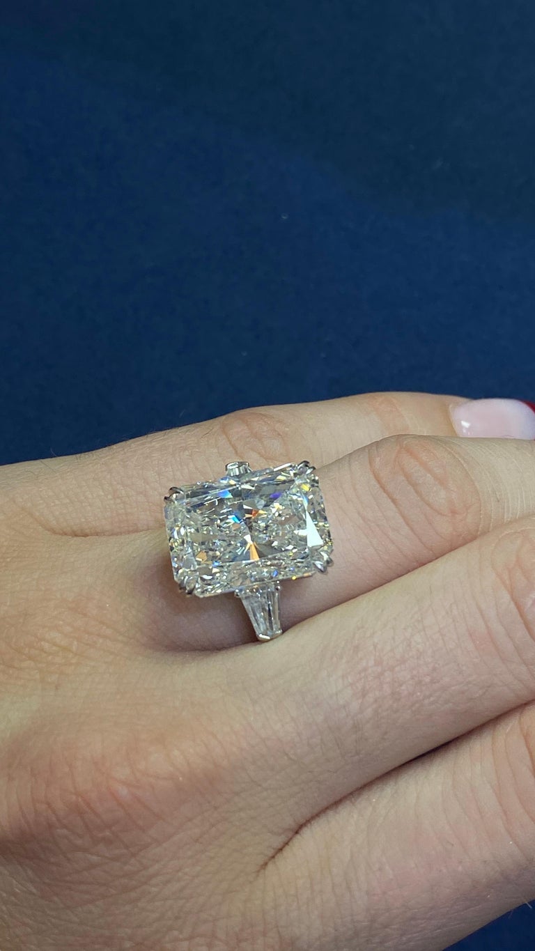 This  magnificent handmade Platinum Ring is set with a 15.03ct Radiant cut G/SI1 diamond accompanied with a GIA Cert.

Flanked by a matching pair 1.00tw Tapered Baguettes.

David Rosenberg is President of the Diamond Bourse of the Southeastern