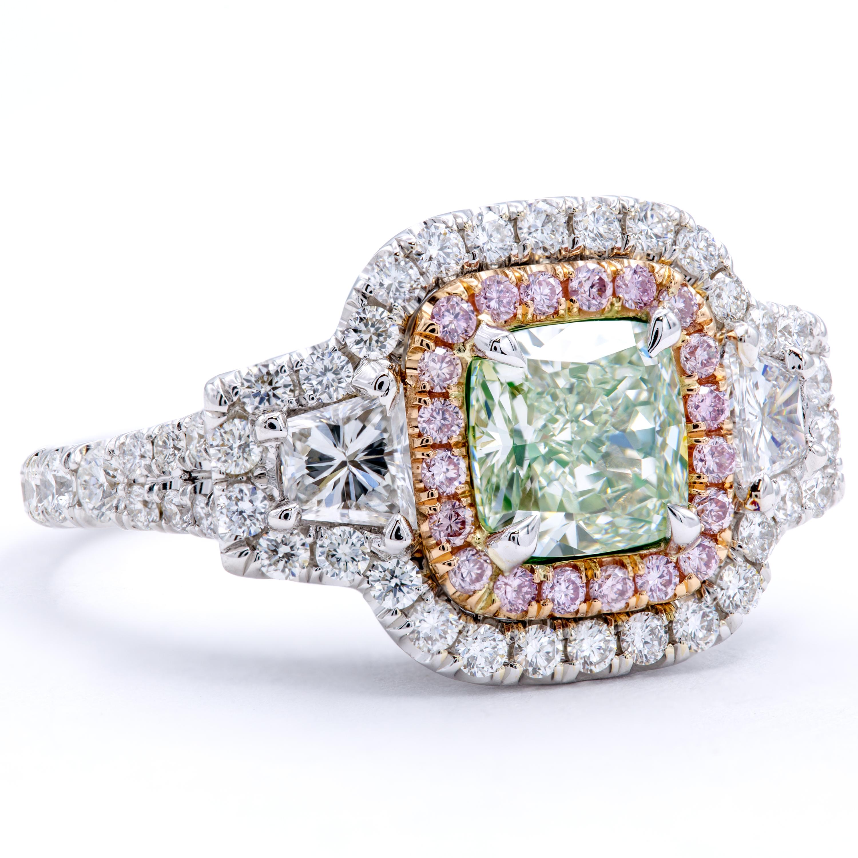 David Rosenberg 1.59 Carat Cushion Natural Fancy Light Green GIA Diamond Ring In New Condition In Boca Raton, FL