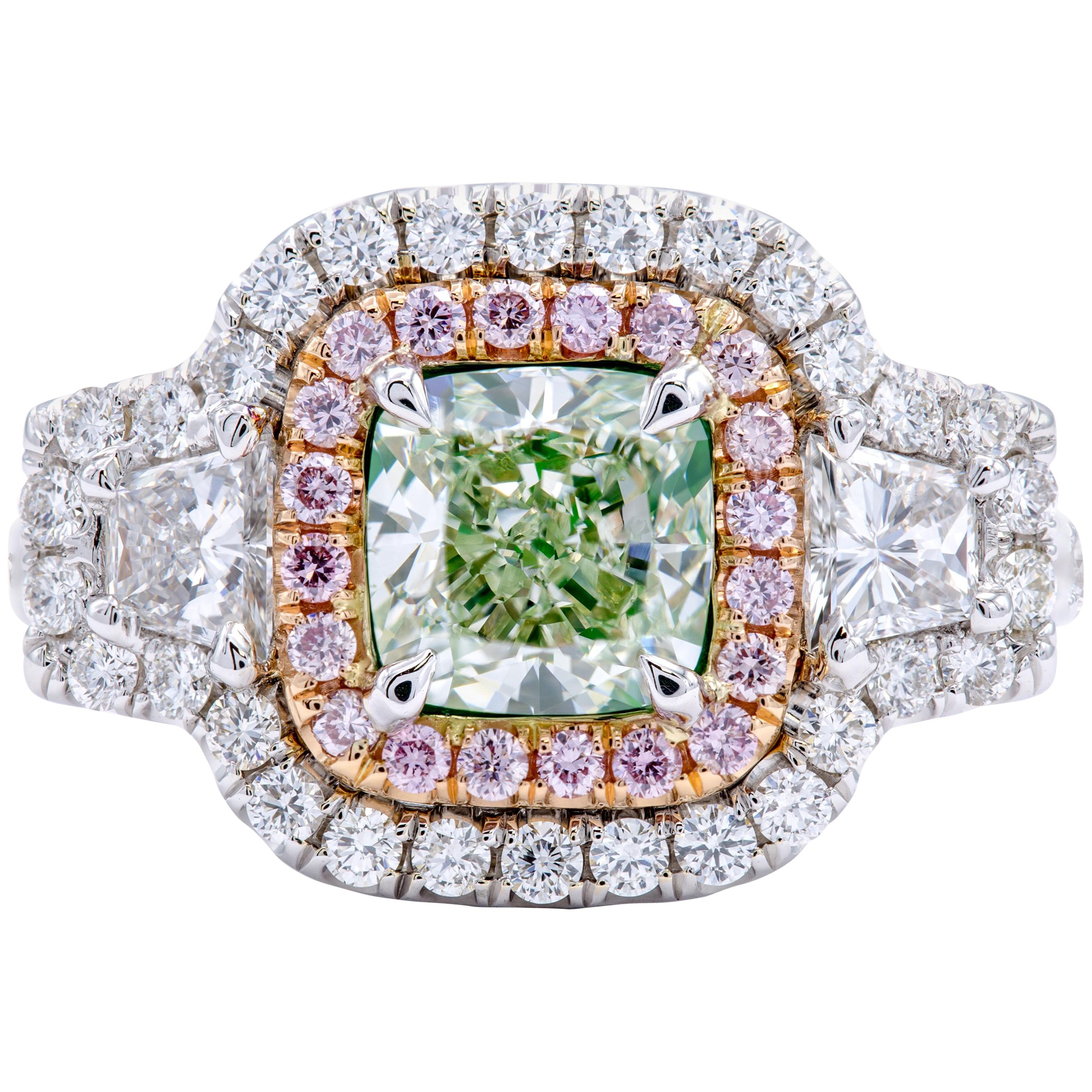 David Rosenberg 1.59 Carat Cushion Natural Fancy Light Green GIA Diamond Ring